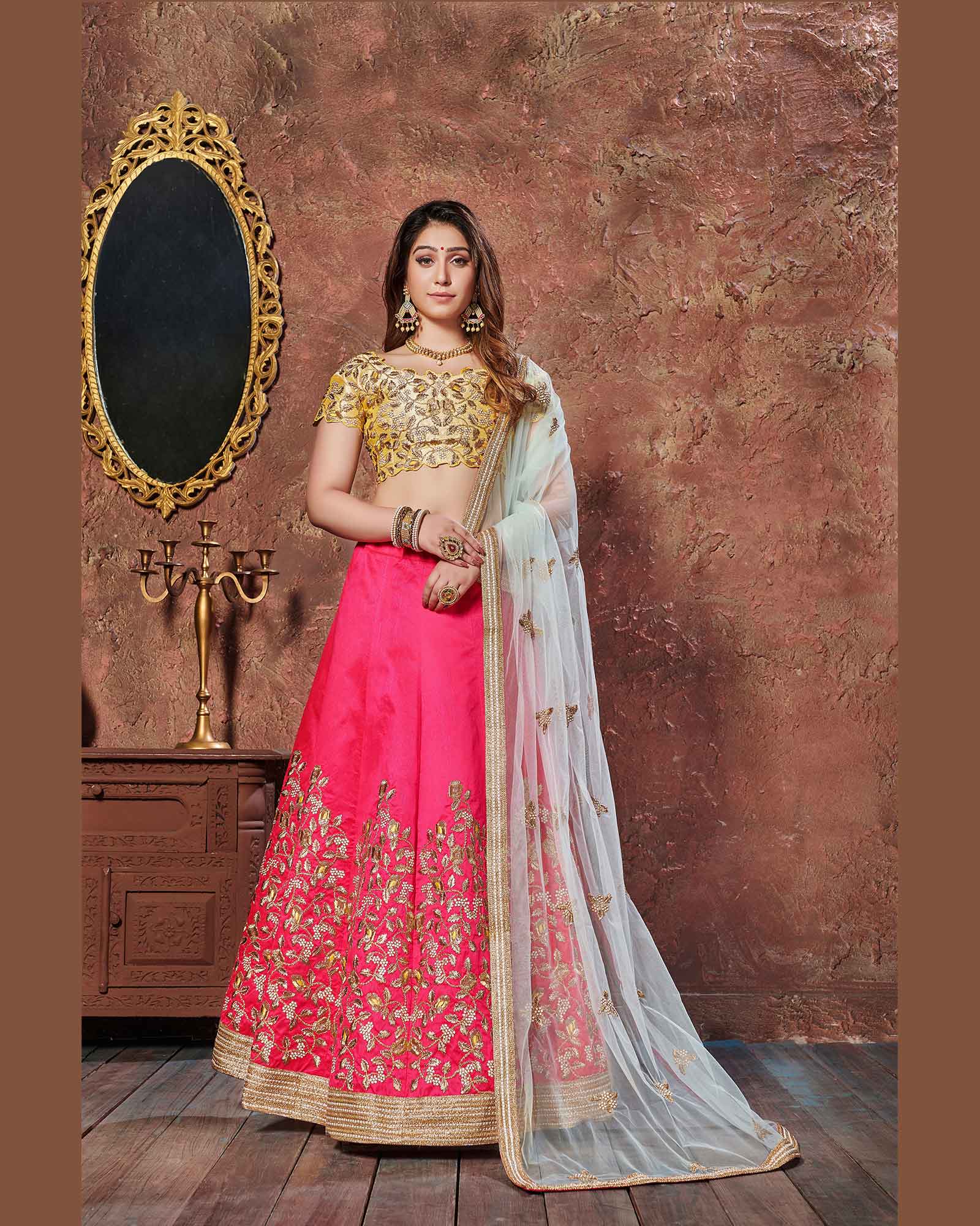 Pink-Yellow Colored Wedding Wear Embroidered Mulberry Silk Lehenga Choli
