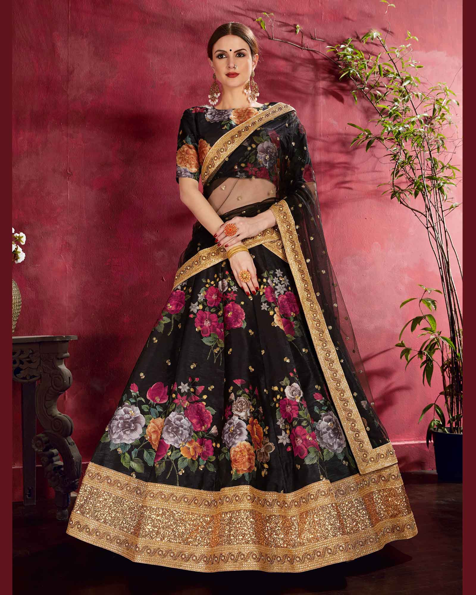 Black Bangalore Silk Flared Lehenga Choli with Digital Floral Motifs