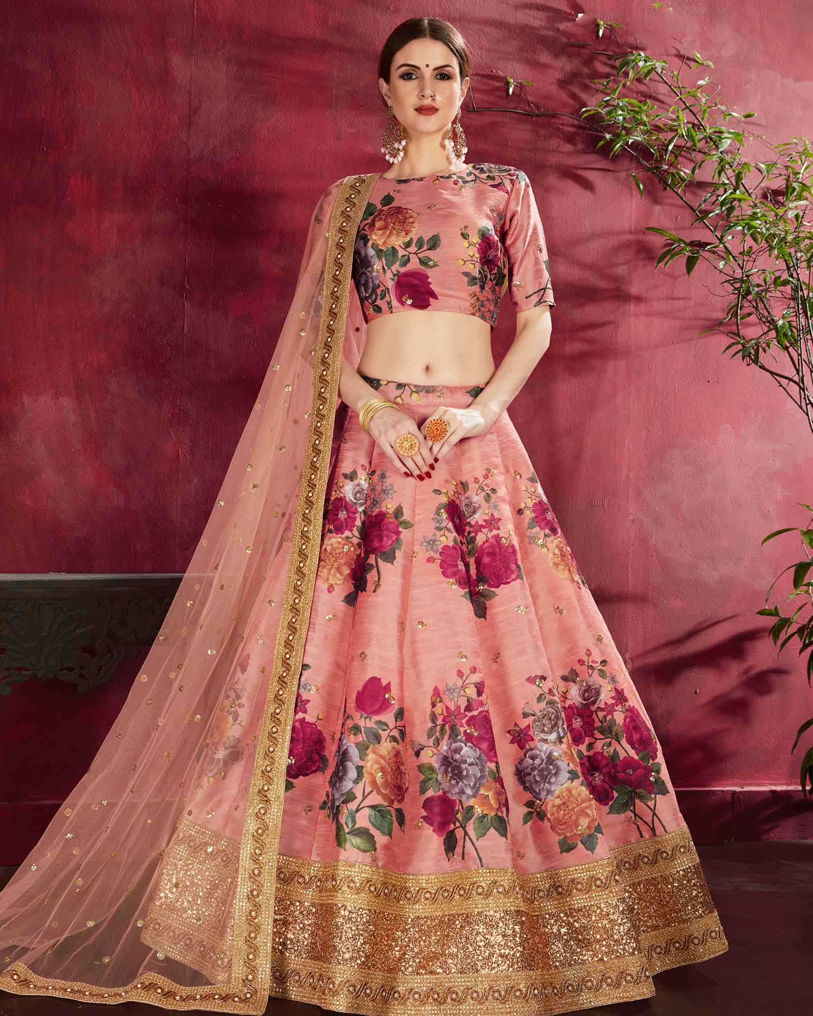 Peach Bangalore Silk Flared Lehenga Choli with Digital Floral Motifs
