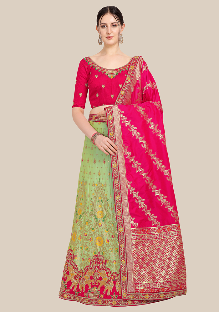Green Banarasi Semi Stitched Lehenga Choli Set