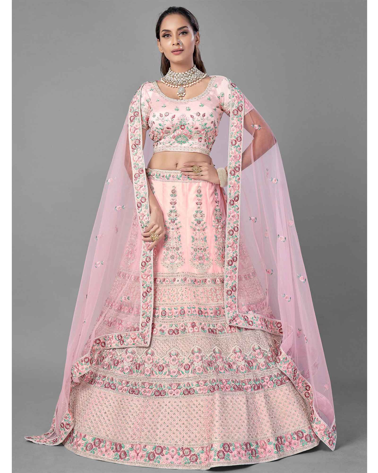 Light Pink Net Floral Embroidered Lehenga Choli