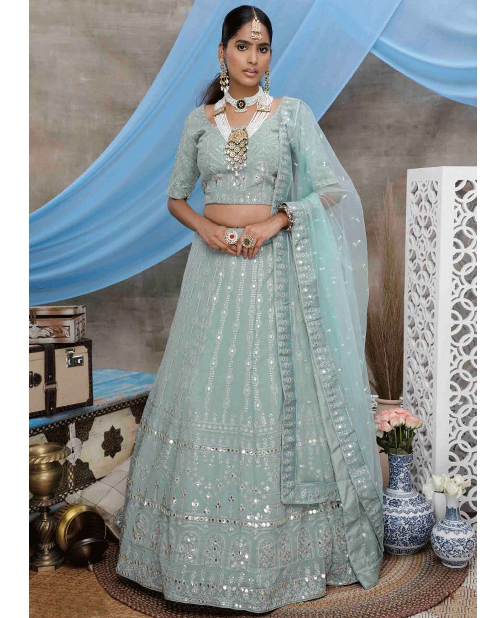 Dusty Green Colored Party Wear Embroidered Georgette Lehenga Choli