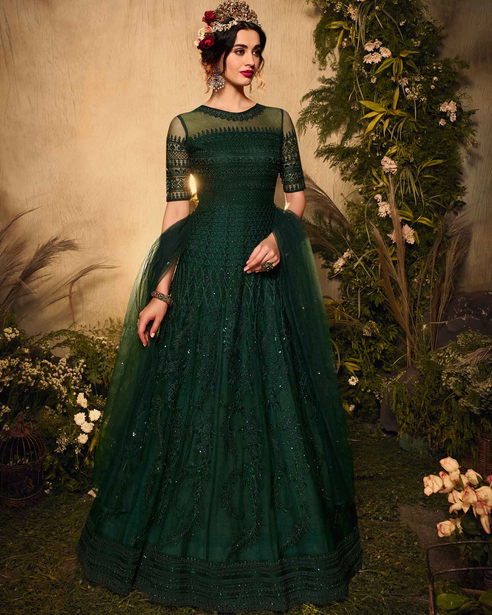 Devastating Party Wear Black Color Georgette With Ruffle Full Stitched Designer  Gown With Embroidery Work Koti - Fashion Mantra