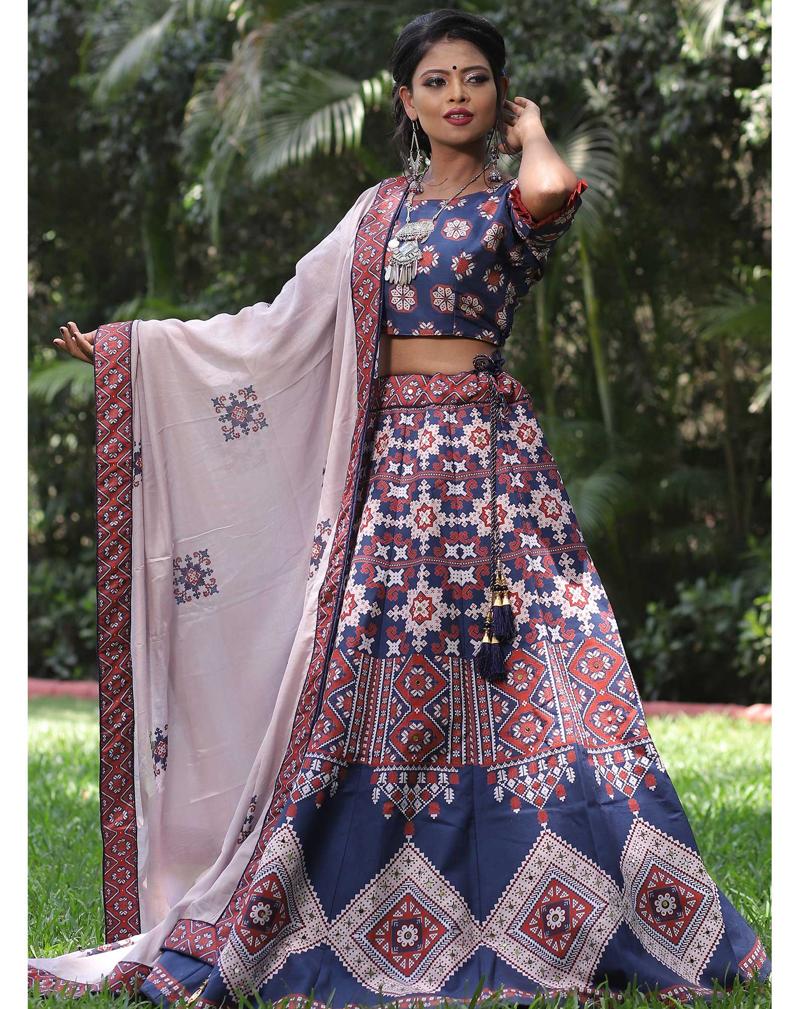 Blue Art Silk Printed Lehenga Choli