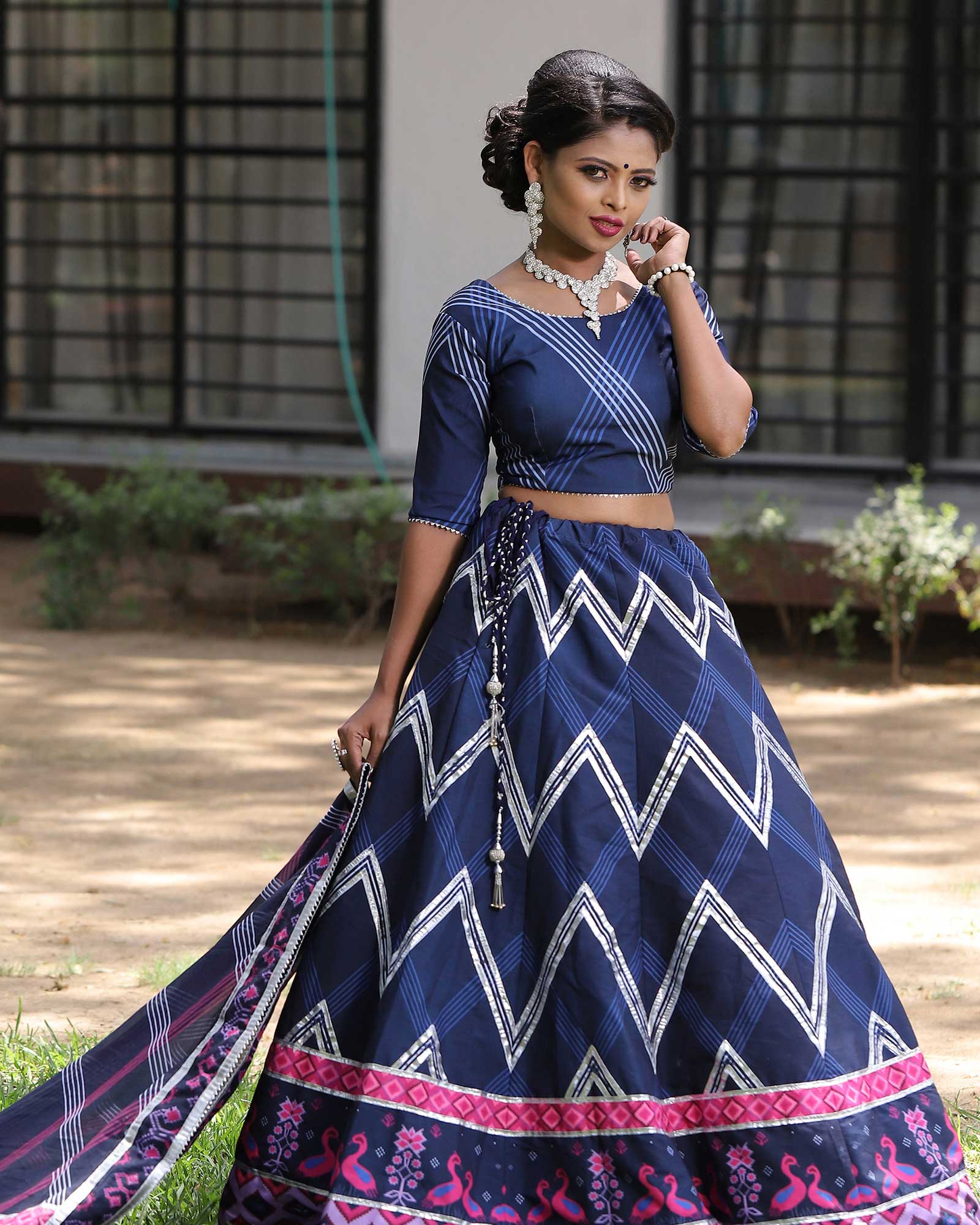 Navy Blue Art Silk Zigzag Printed Lehenga Choli