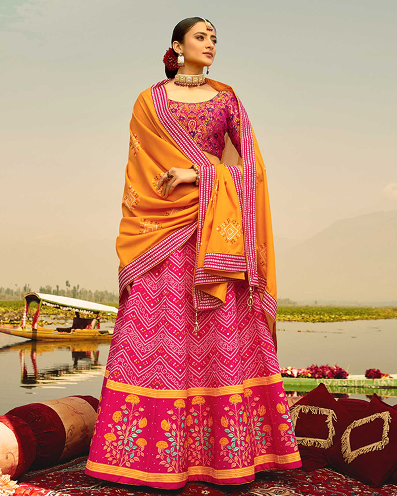 Pink Silk Printed Lehenga Choli