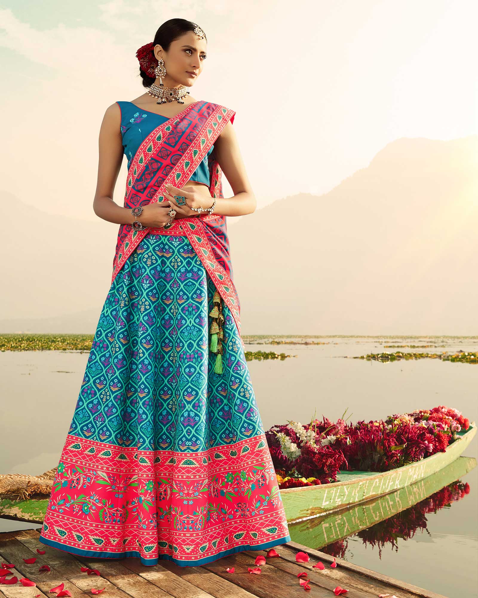 Teal Blue Silk Printed Lehenga Choli