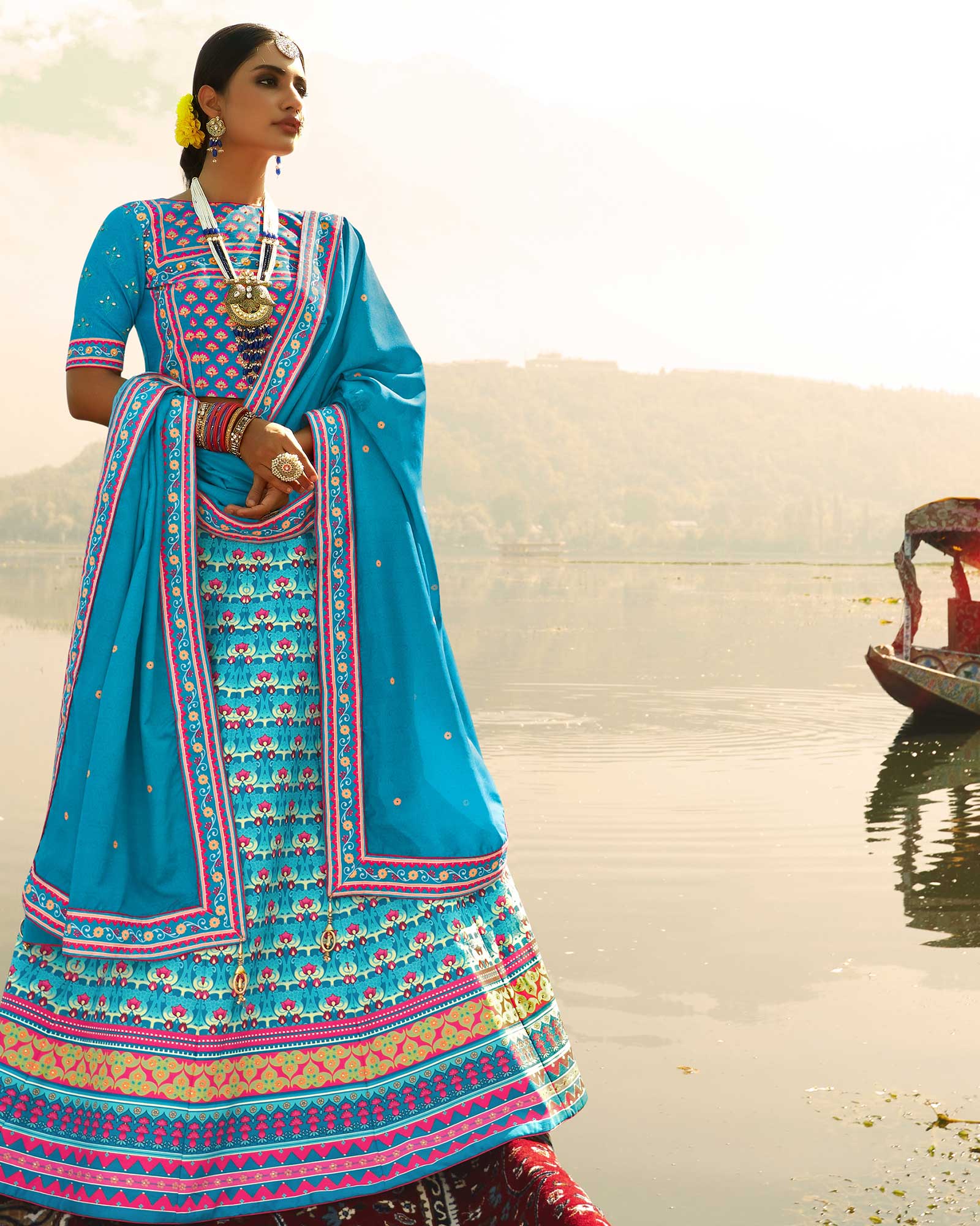 Sky Blue Silk Printed Lehenga Choli
