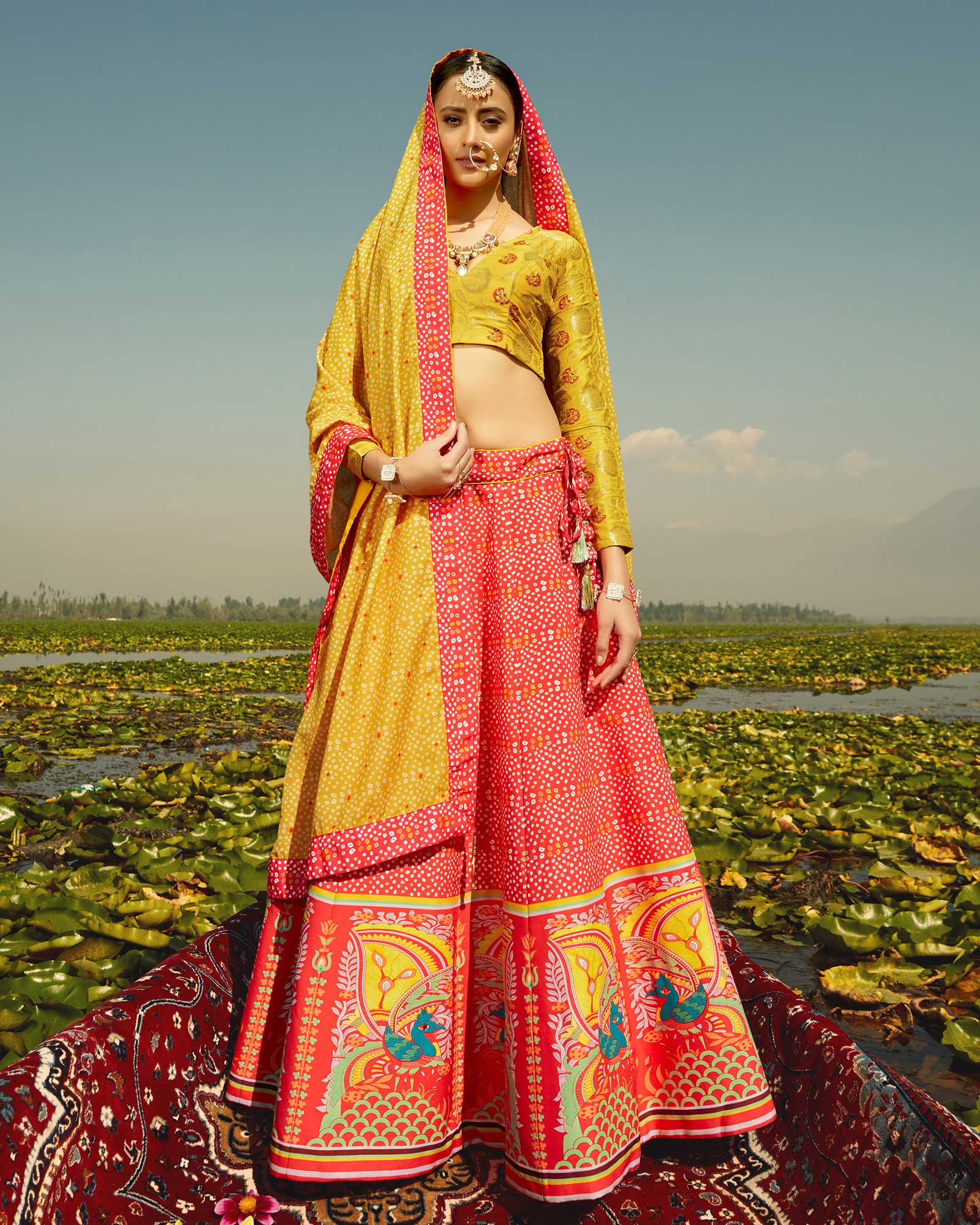 Orange Silk Printed Lehenga Choli