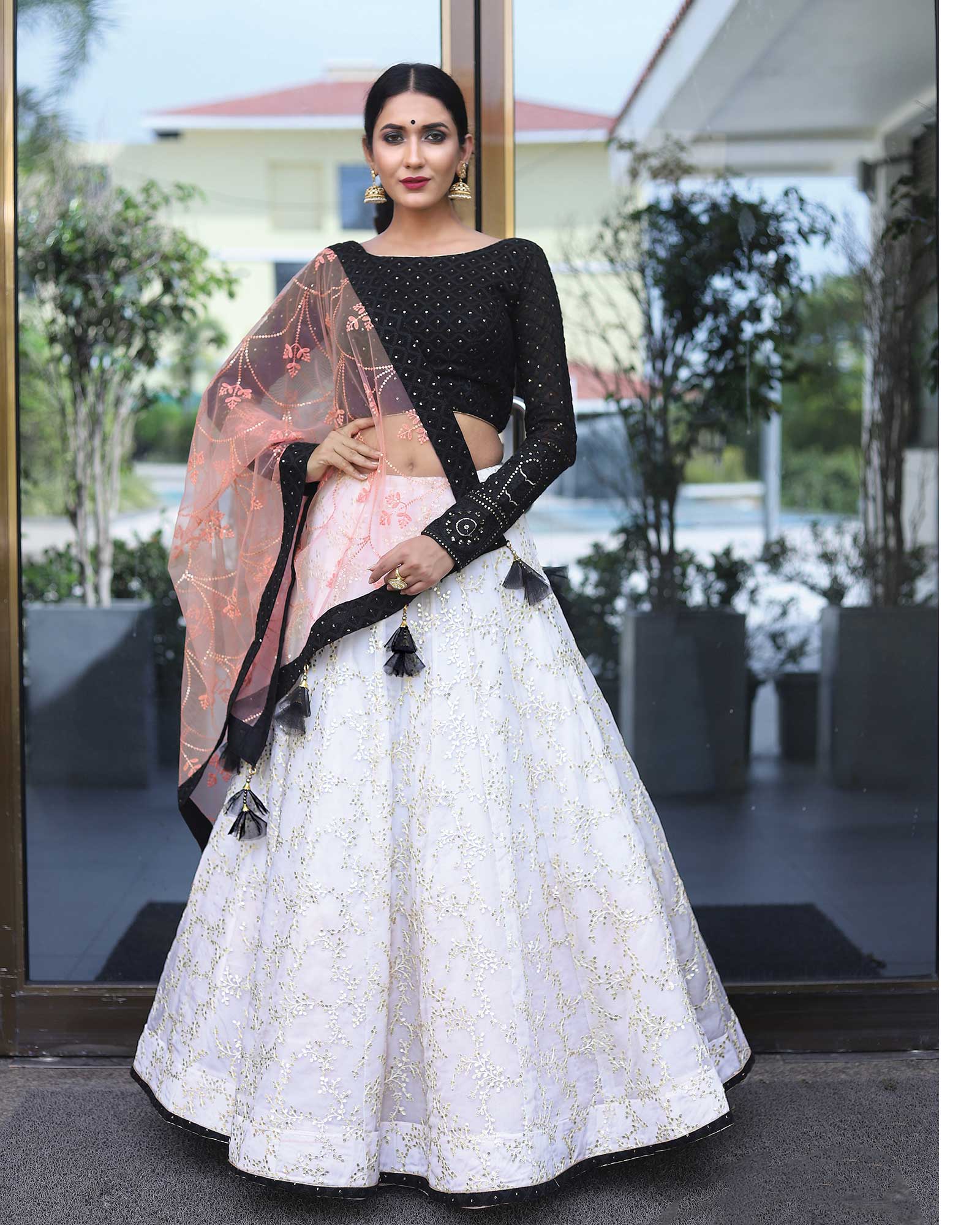 Black And White Georgette Chikankari Embellished Lehenga Set with Tassels