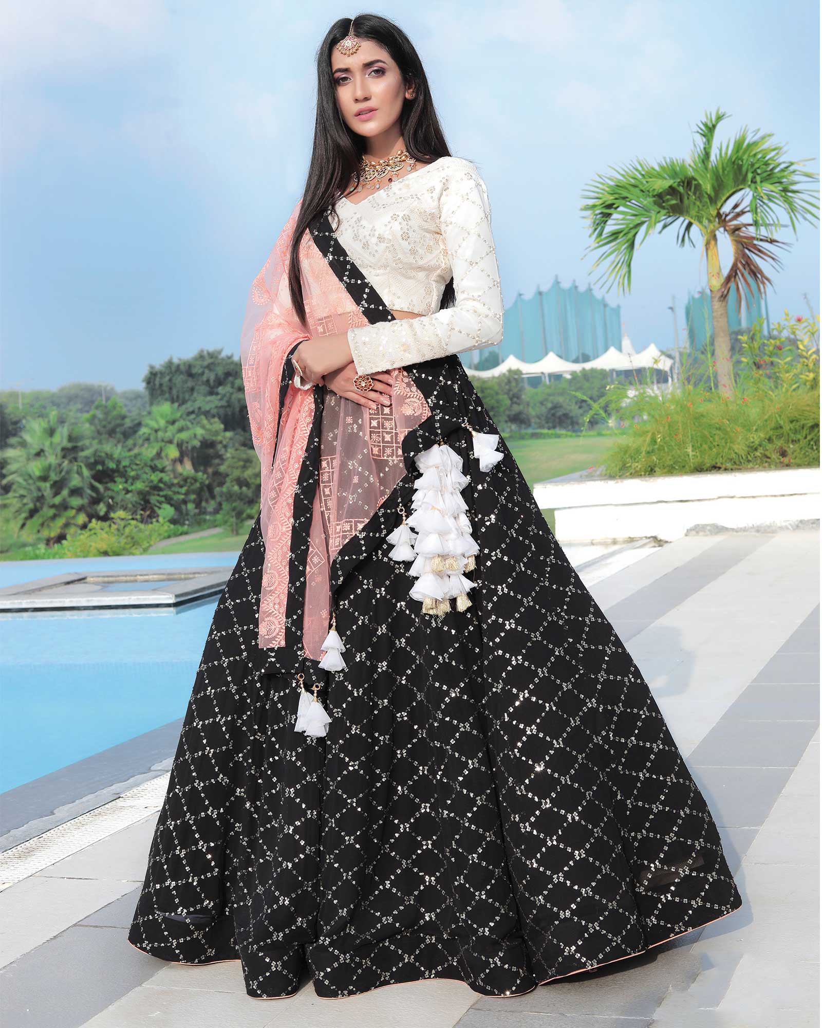 Black Bemberg Georgette Sequins Work Lehenga Choli 
