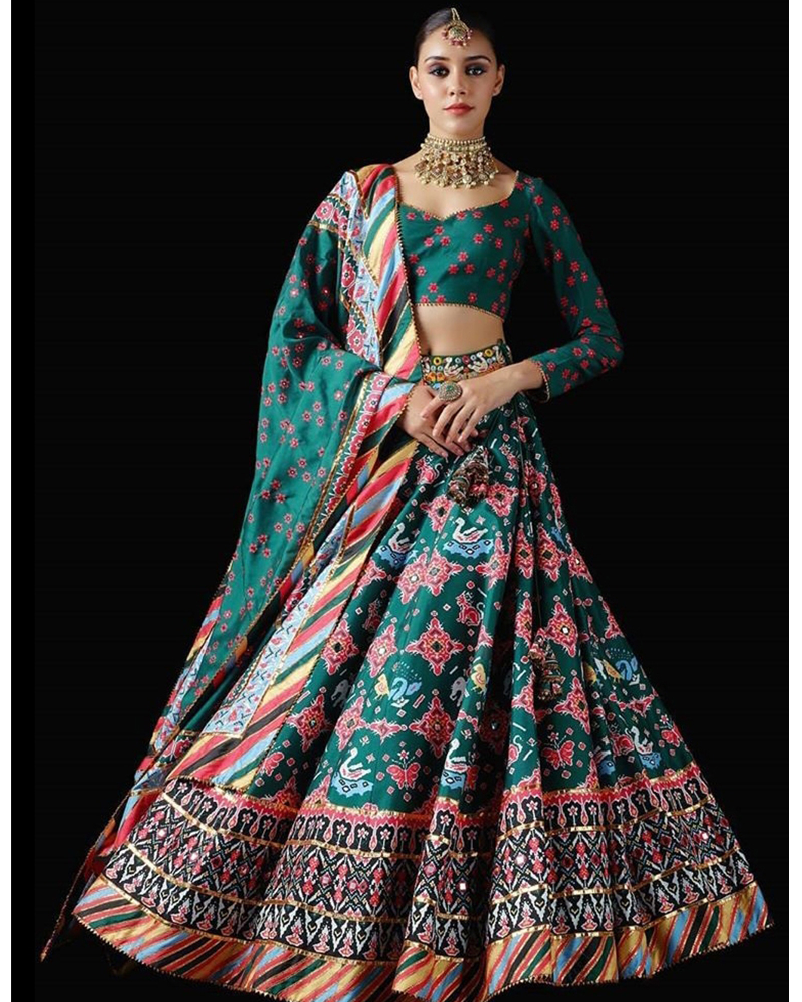Green Silk Printed Lehenga Choli with Contrast Border