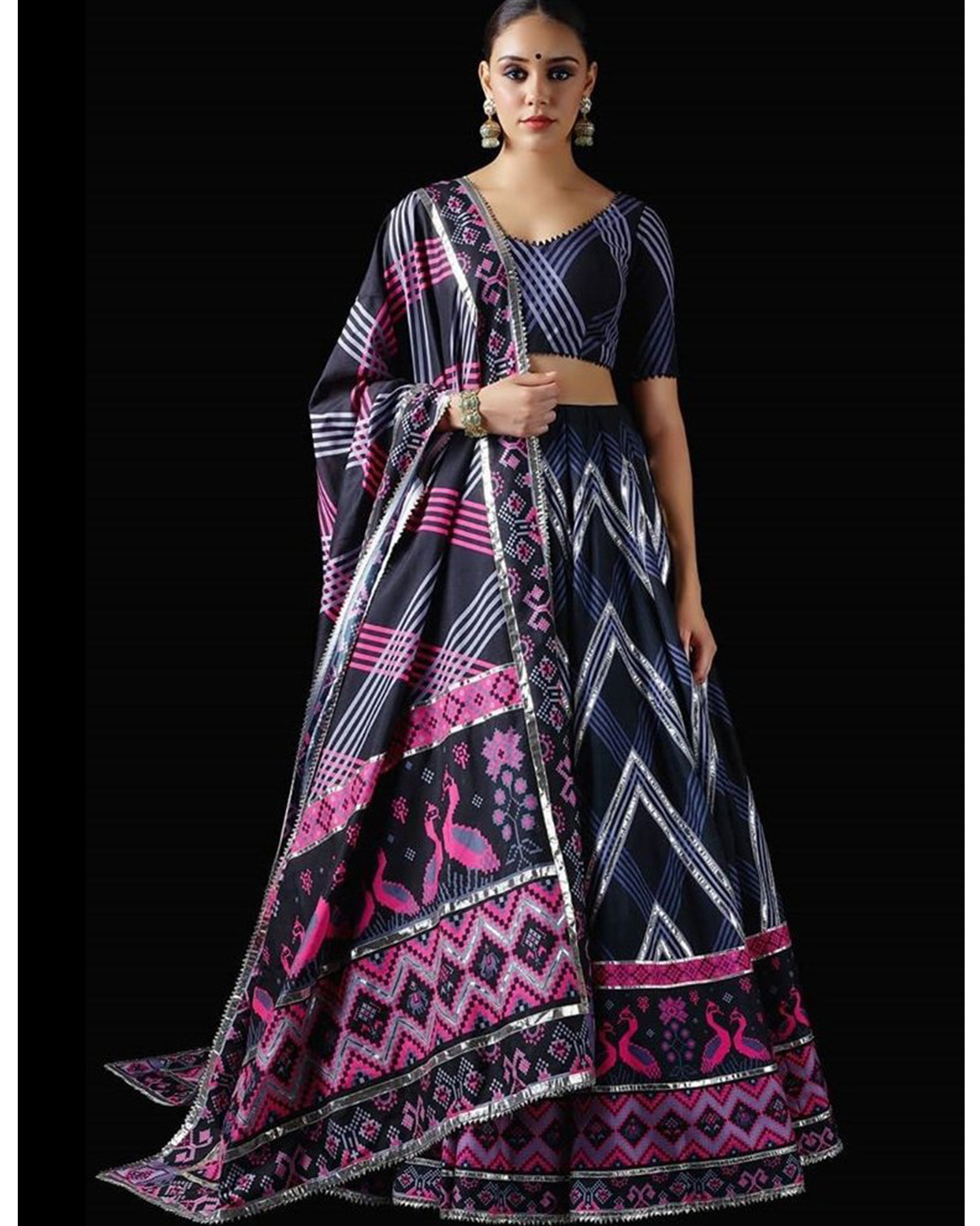 Dark Blue Silk Printed Lehenga Choli With Bird Motif Border