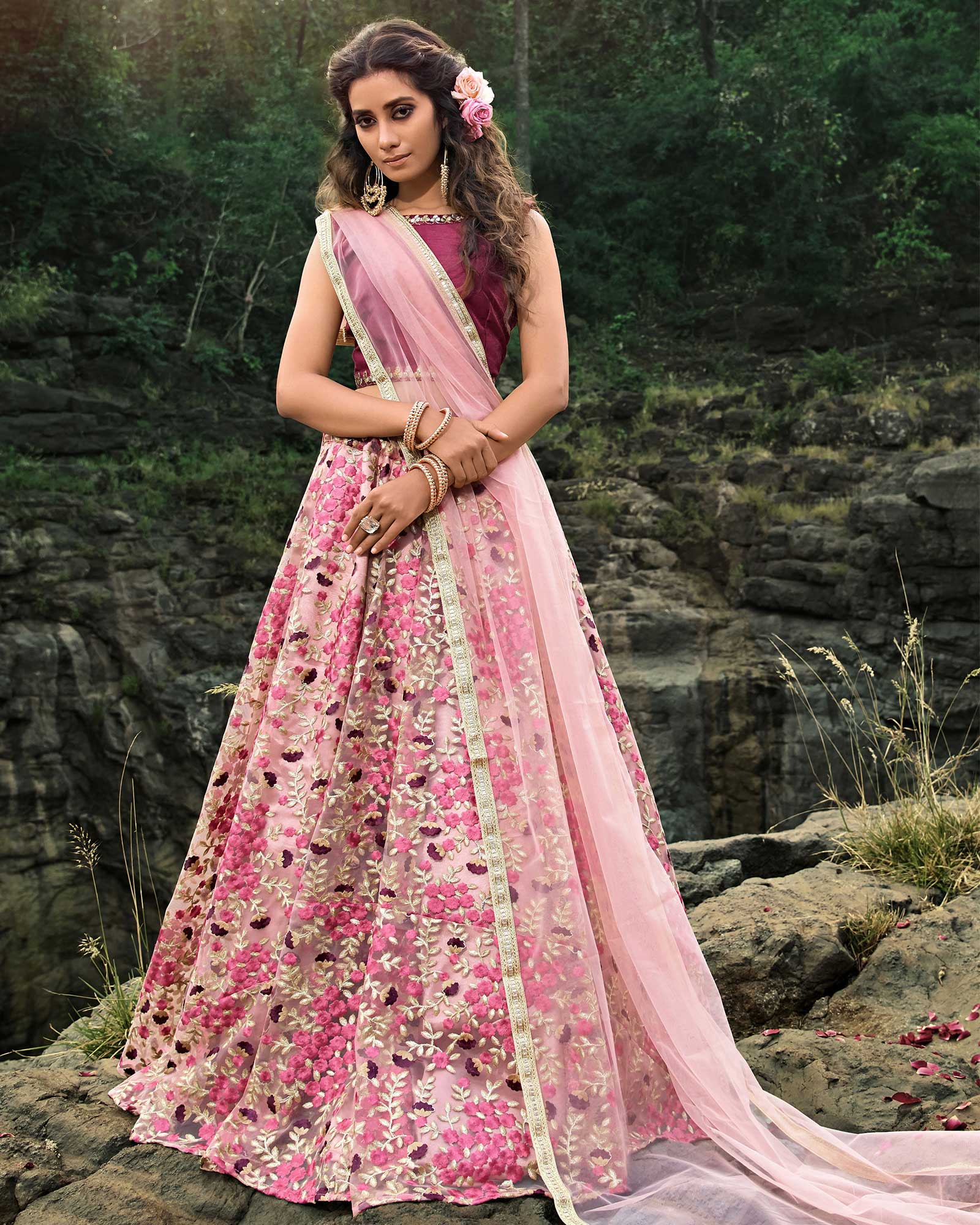 Floral Pink Net Embroidered Pink Lehenga Choli