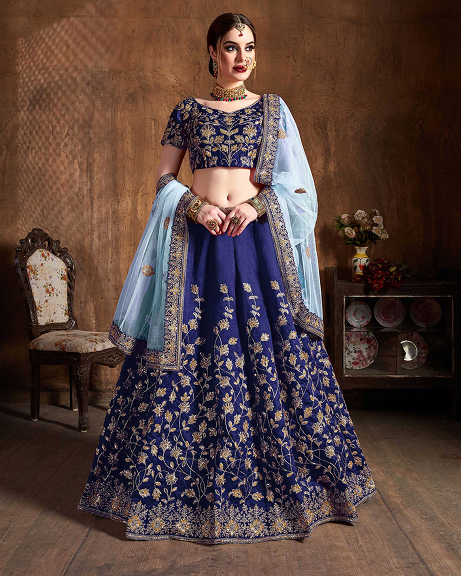 Blue Zari Embroidered Lehenga Choli With Dupatta