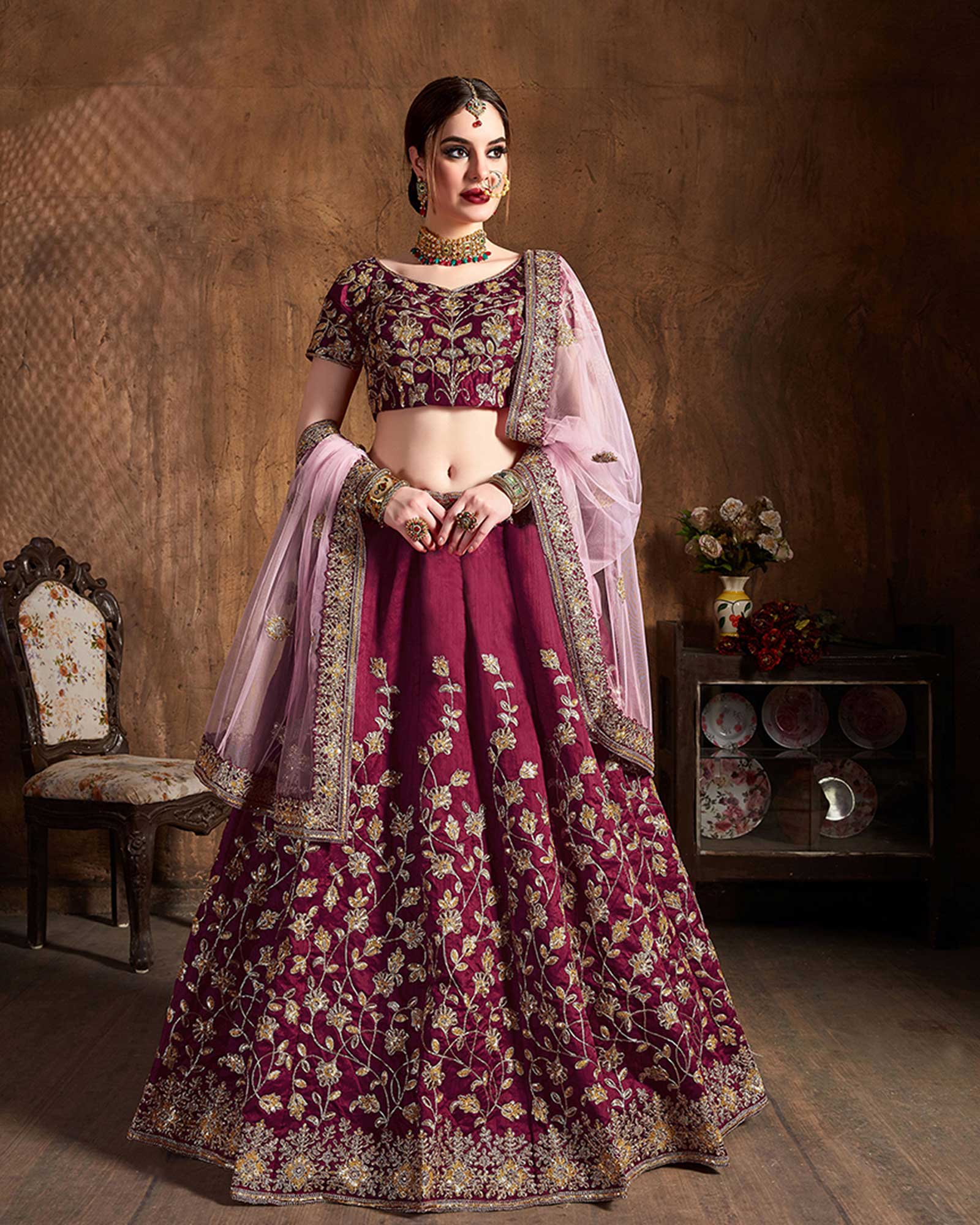 Pink Zari Embroidered Lehenga Choli With Dupatta