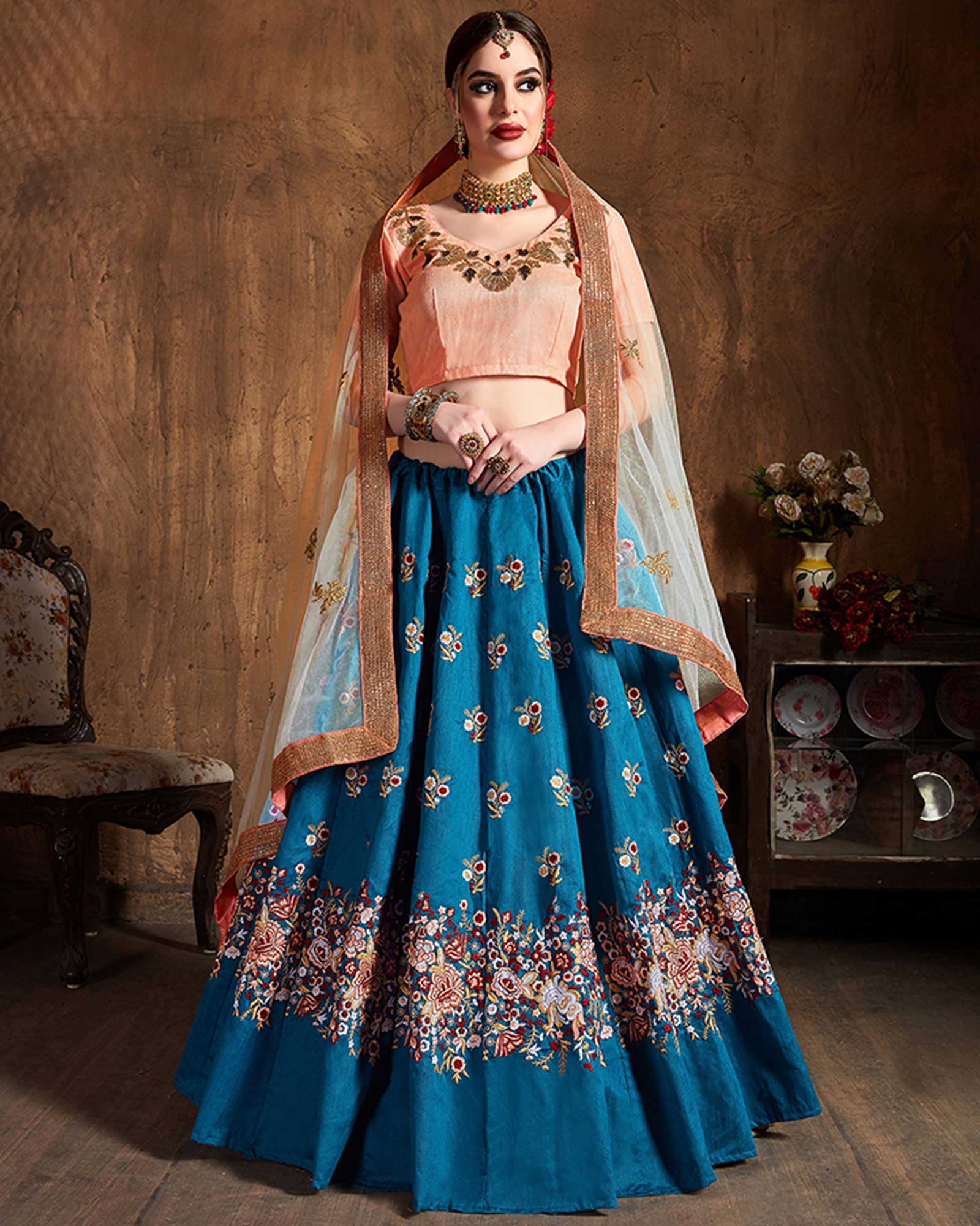 Teal Green Colored Floral Embroidered Banglori Silk Lehenga Choli