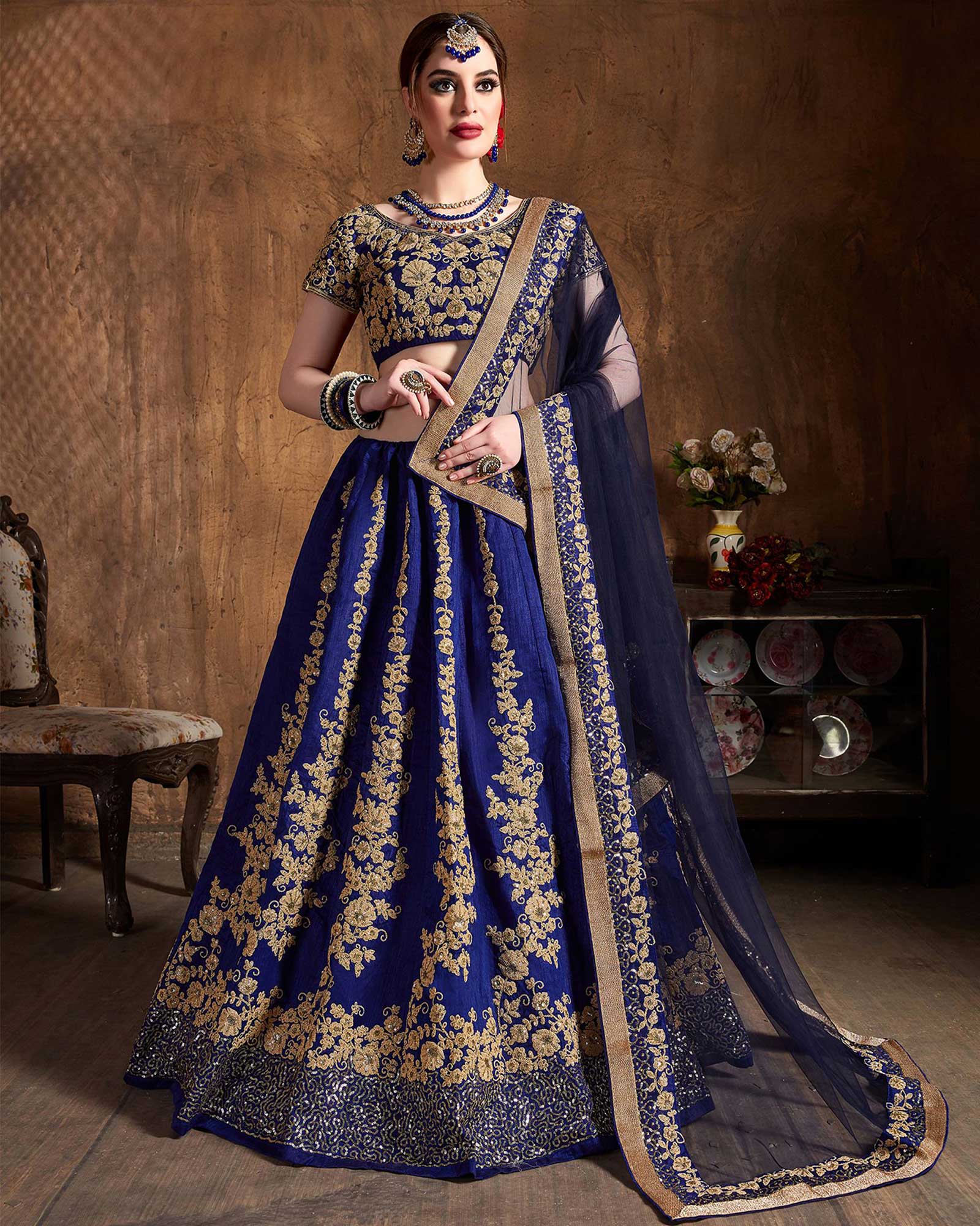 Designer Embroidered Banglori Silk Navy Blue Colored Lehenga Choli