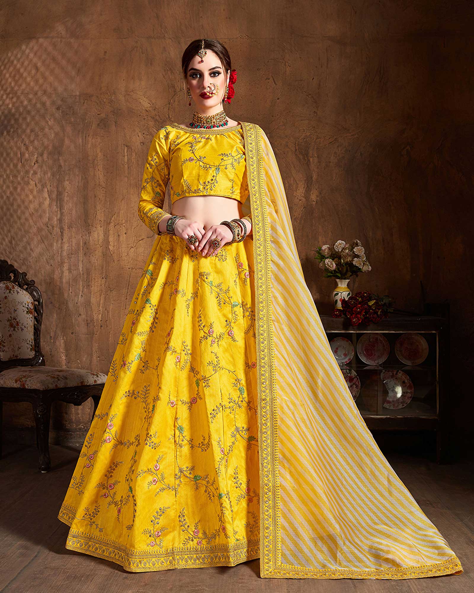 Yellow Partywear Embroidered Mulberry Silk Lehenga