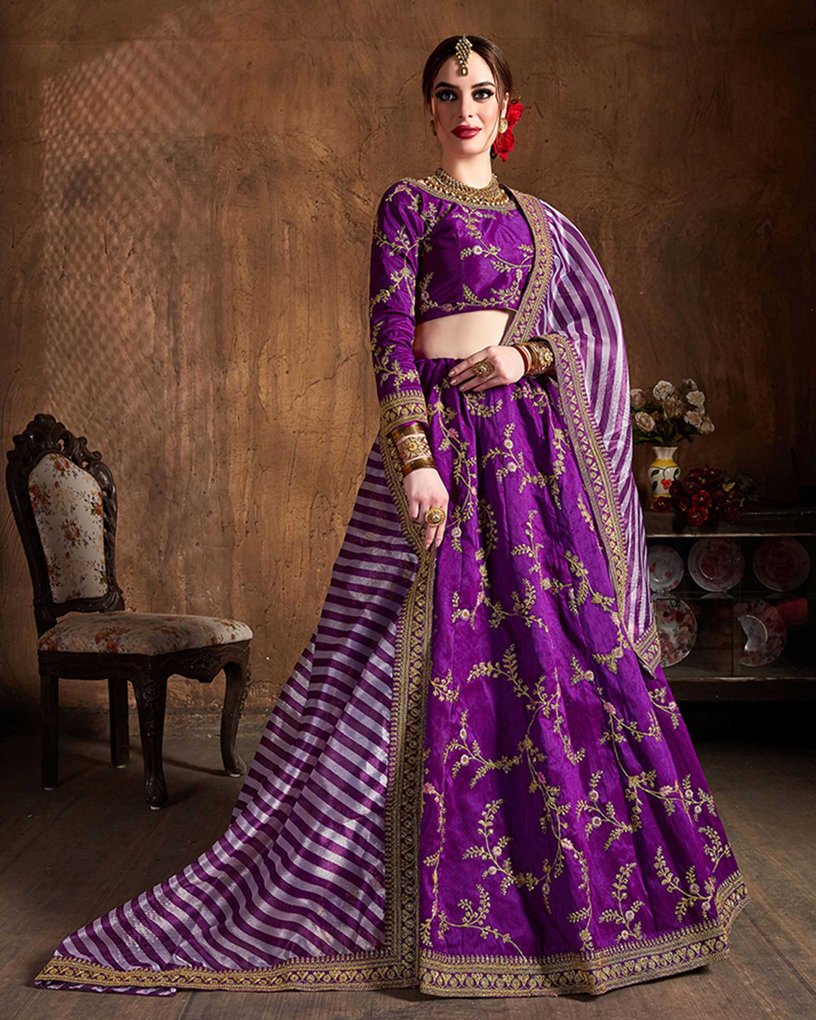 Adorning Purple Embroidered Mulberry Silk Lehenga