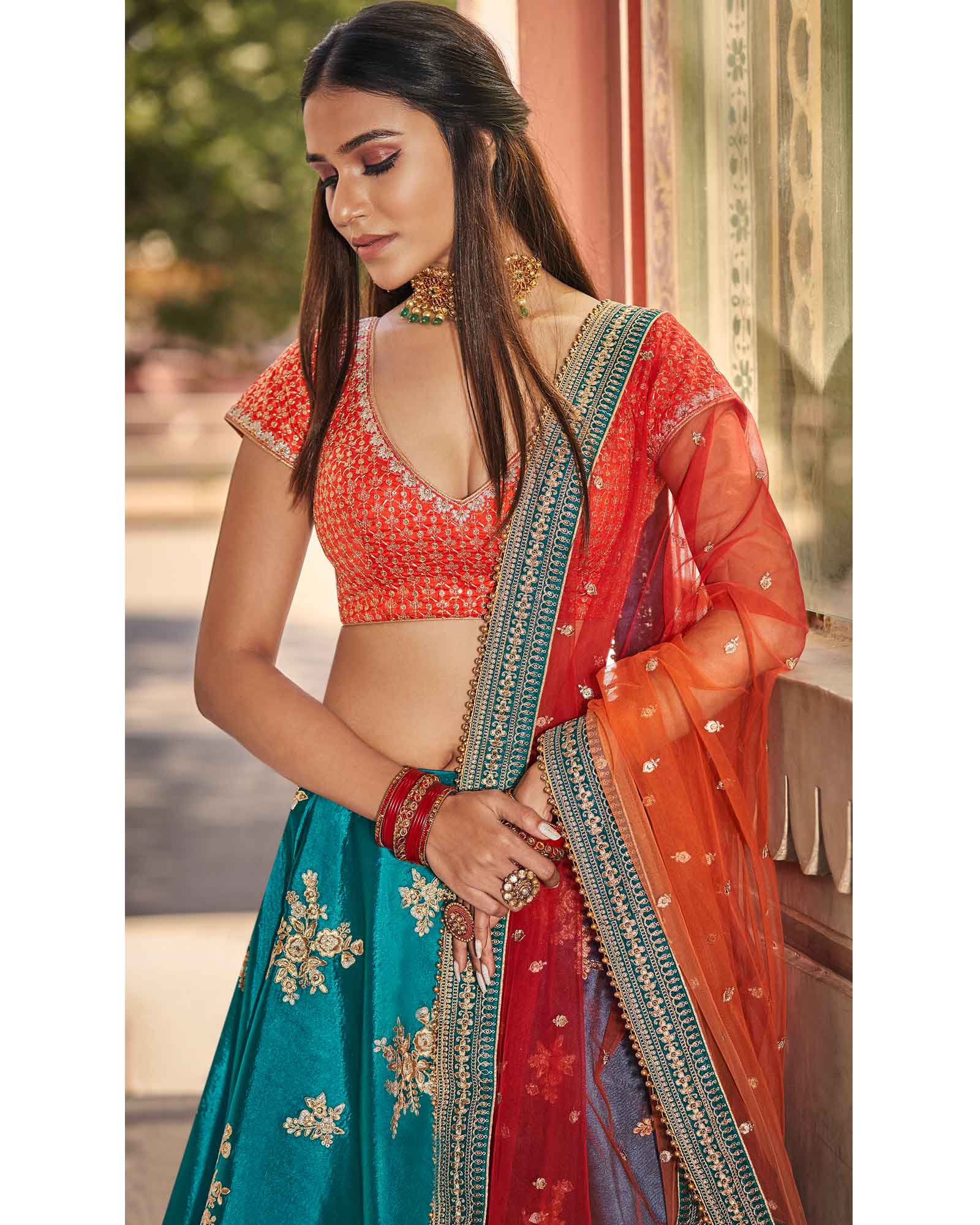 Turquoise Blue And Orange Designer Lehenga Choli
