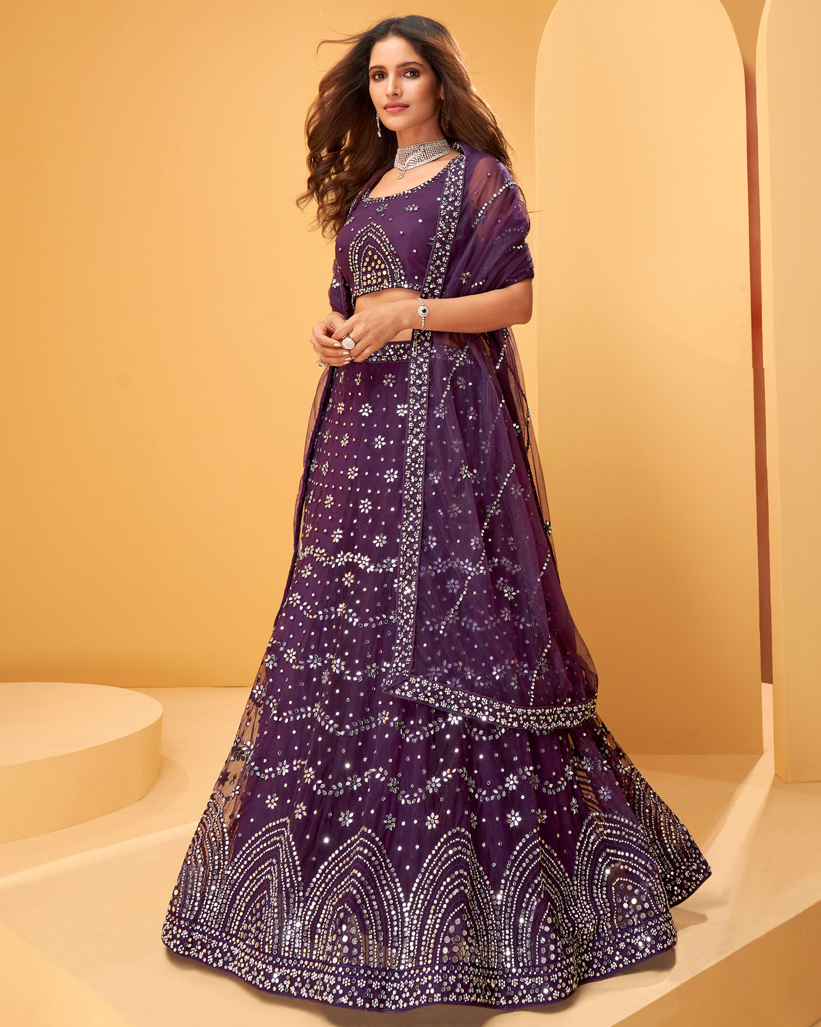 Purple Mirror Work Net Wedding Wear Lehenga Choli