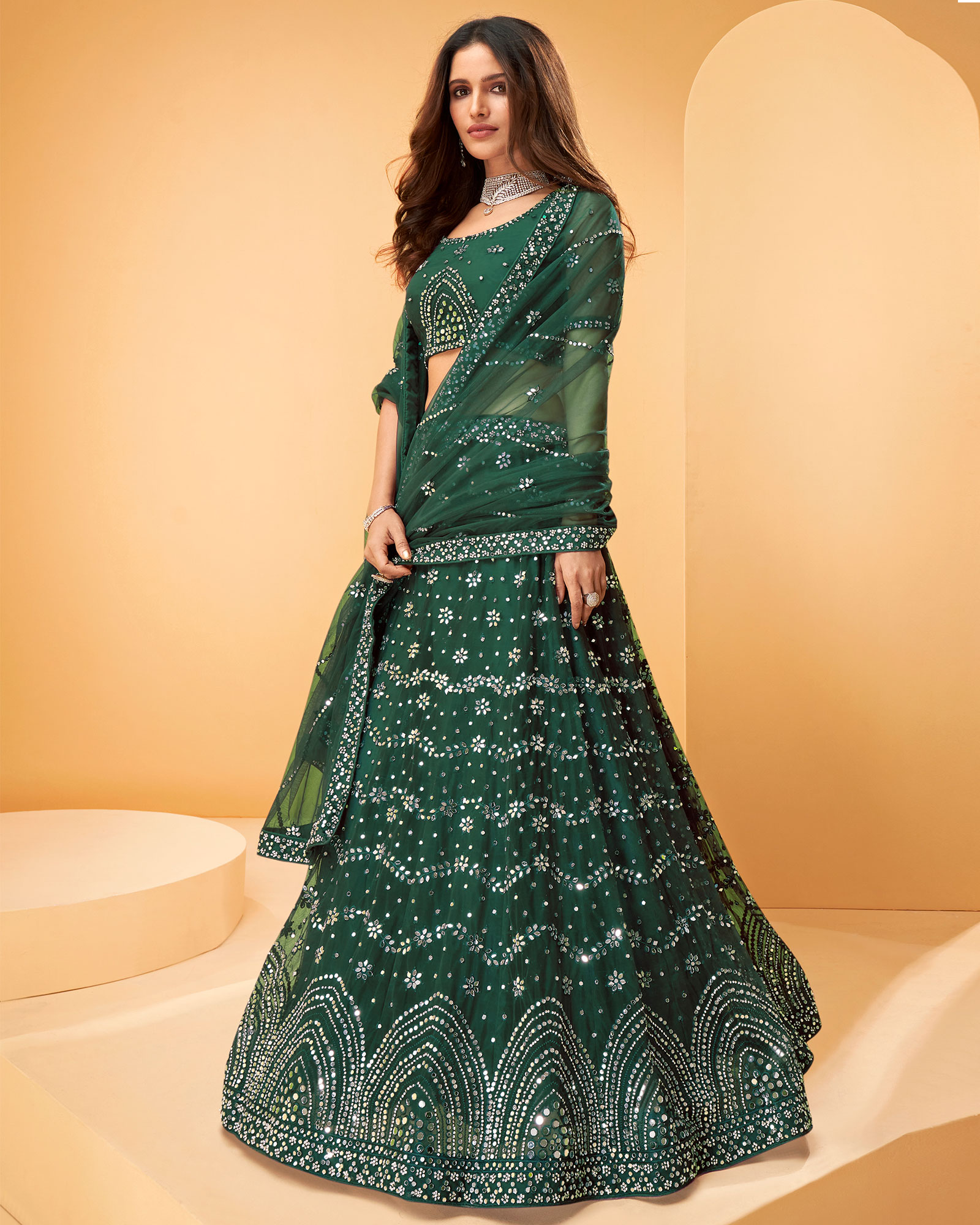 Green Mirror Work Net Wedding Wear Lehenga Choli
