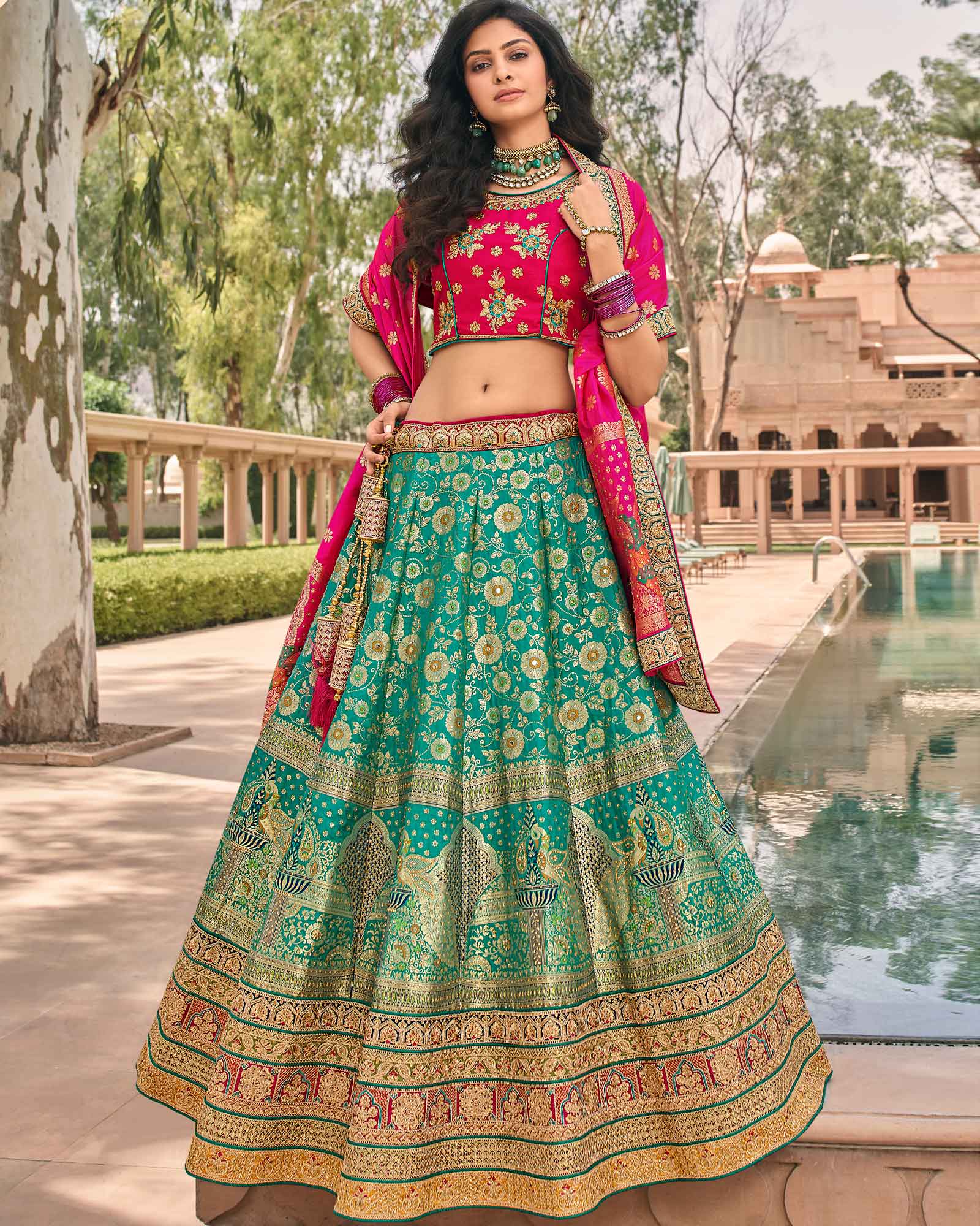 Turquoise Green Silk Traditional Lehenga Choli