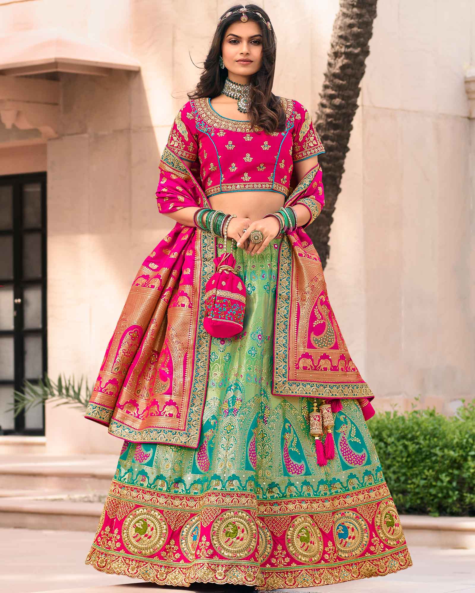 Green Silk Traditional Woven Lehenga Choli