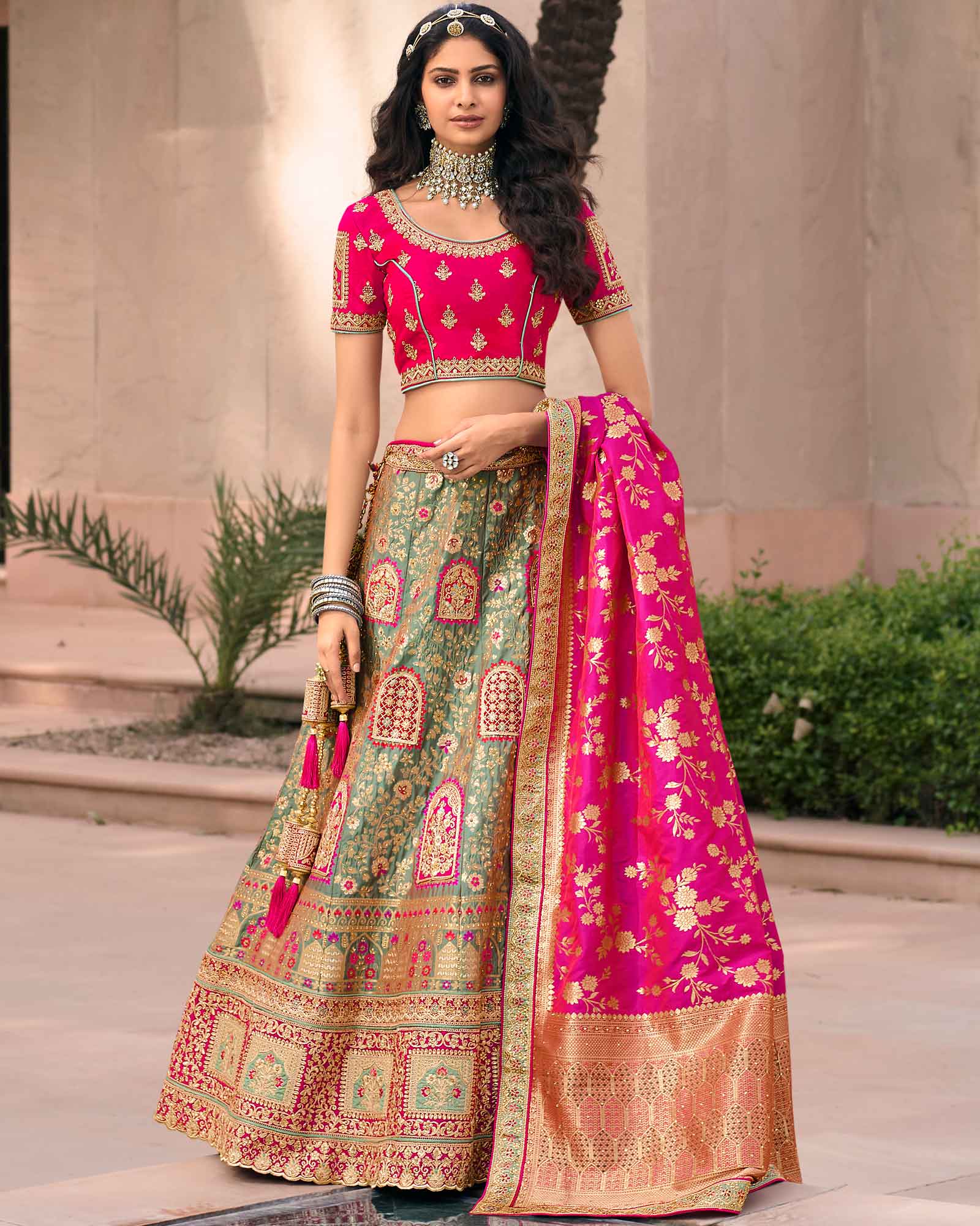 Resham Banarasi Silk Green And Pink Lehenga Choli
