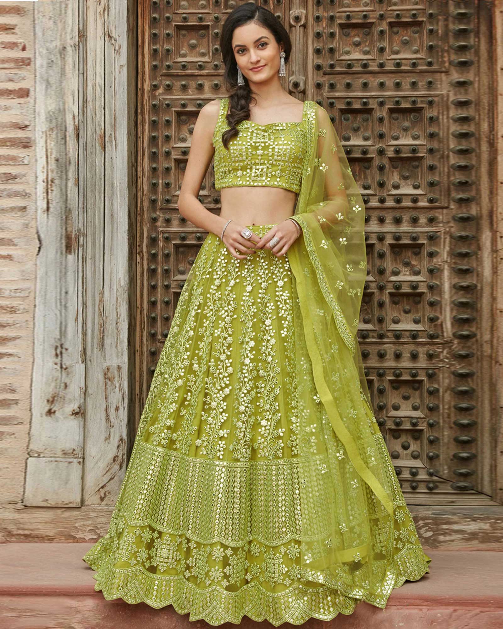 Parrot Green Net Embroidered Lehenga Choli