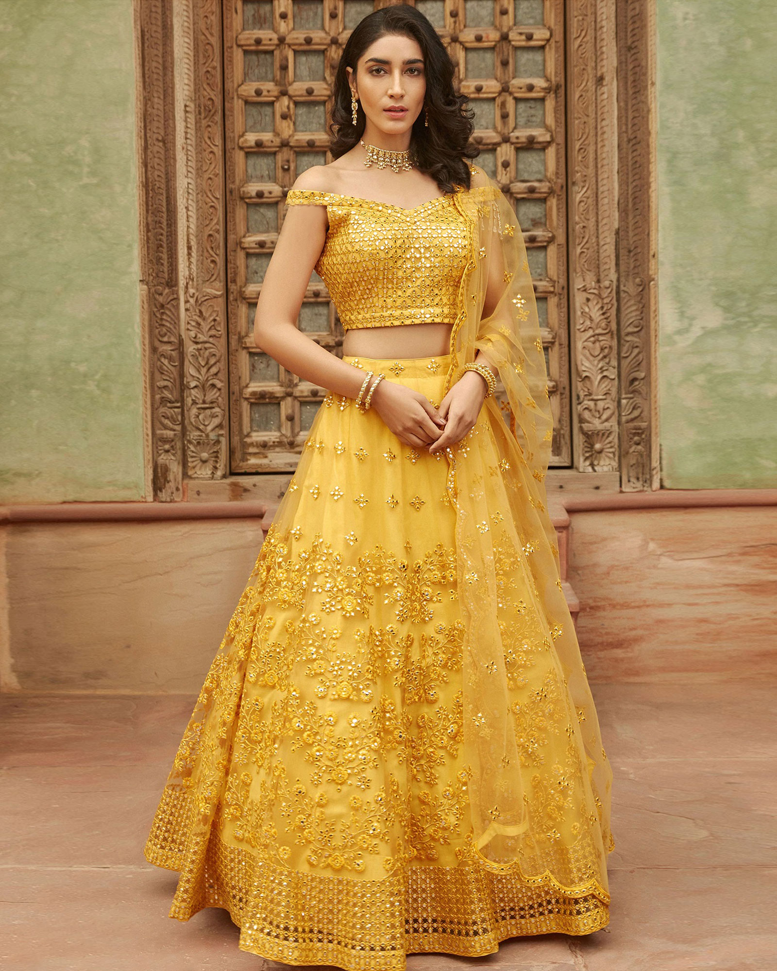 Yellow Net Dori Embroidered Lehenga Choli