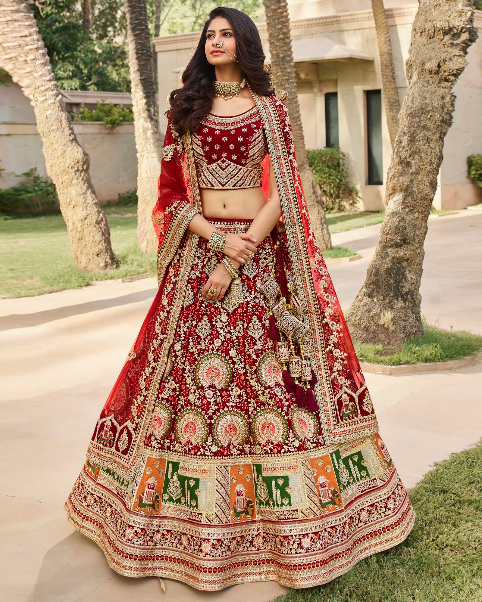Maroon Multi Thread Velvet Bridal Wear Lehenga Choli