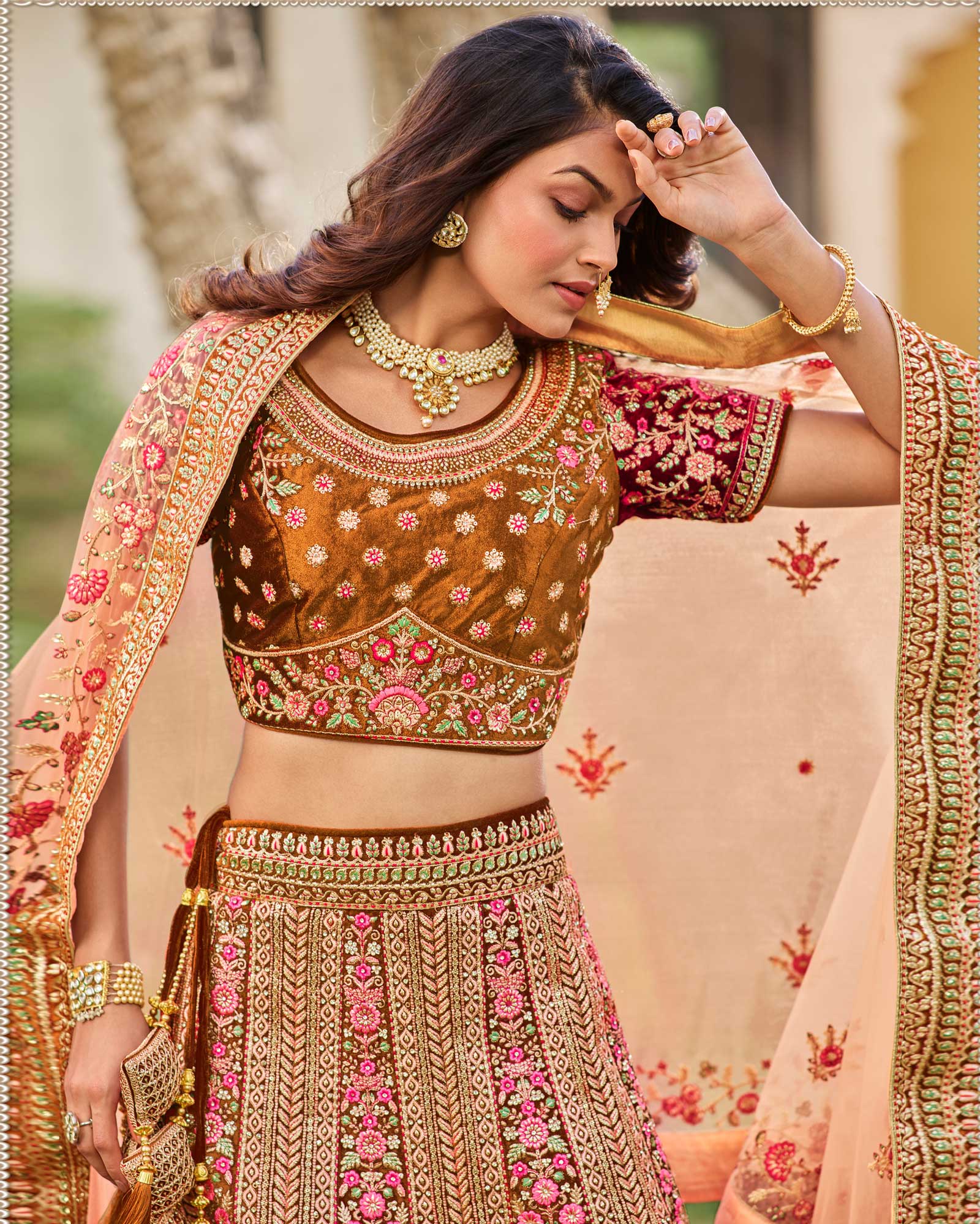 Brown Heavy Embroidered Velvet Bridal Lehenga Choli With Two Dupattas