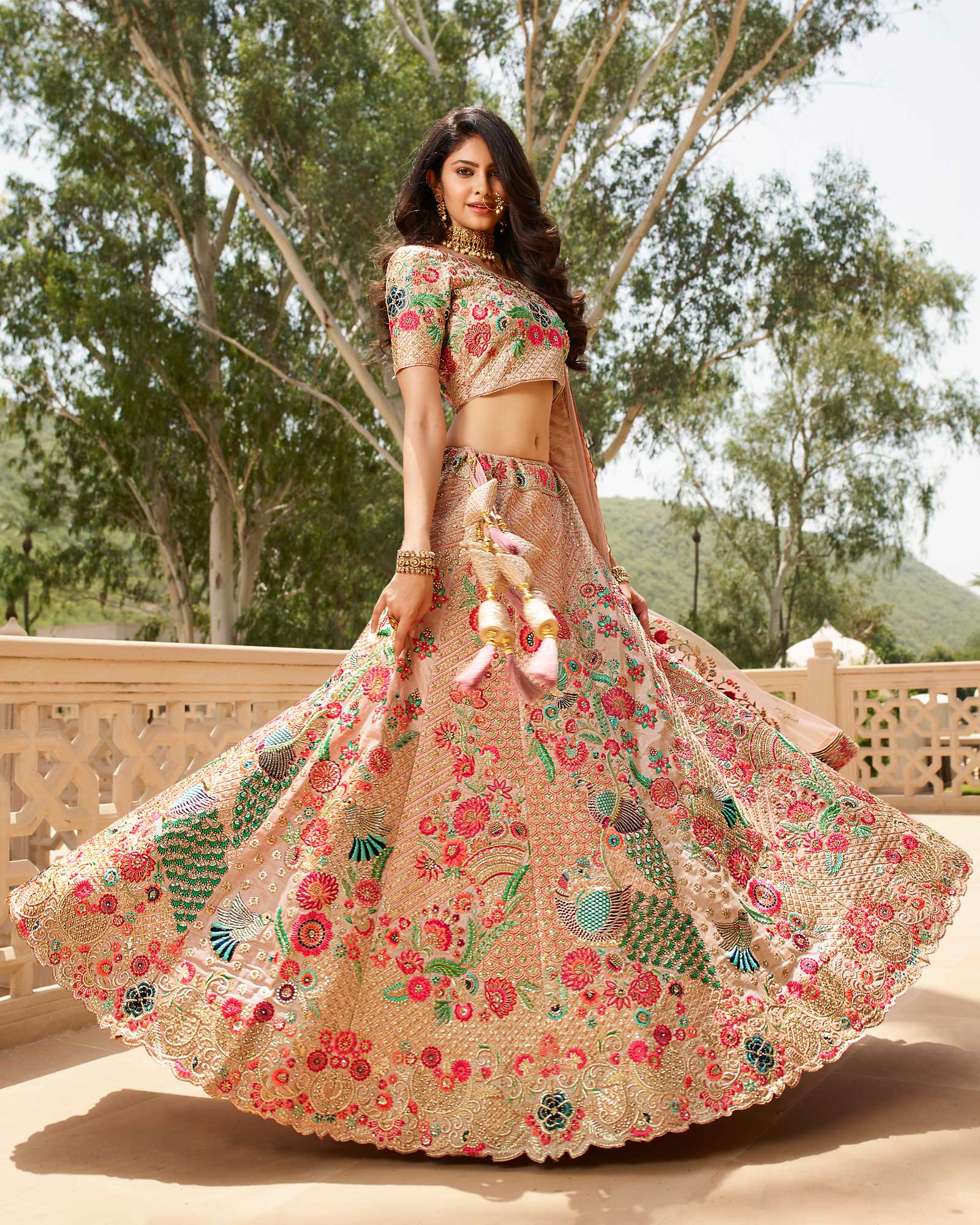 Pastel Peach Floral Embroidered Silk Bridal Lehenga Choli