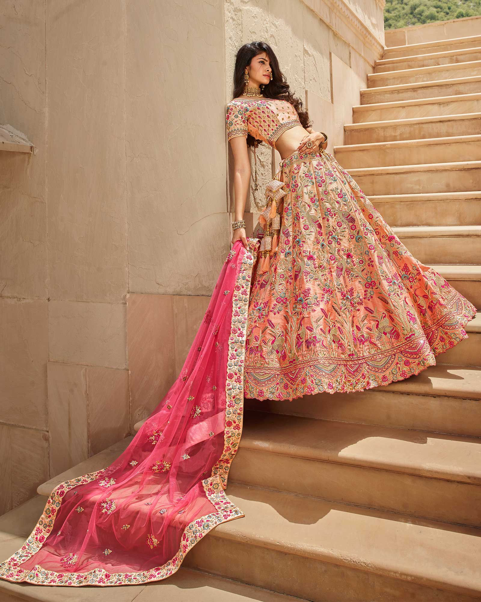 Peach Pink Heavy Embroidered Silk Bridal Lehenga Choli