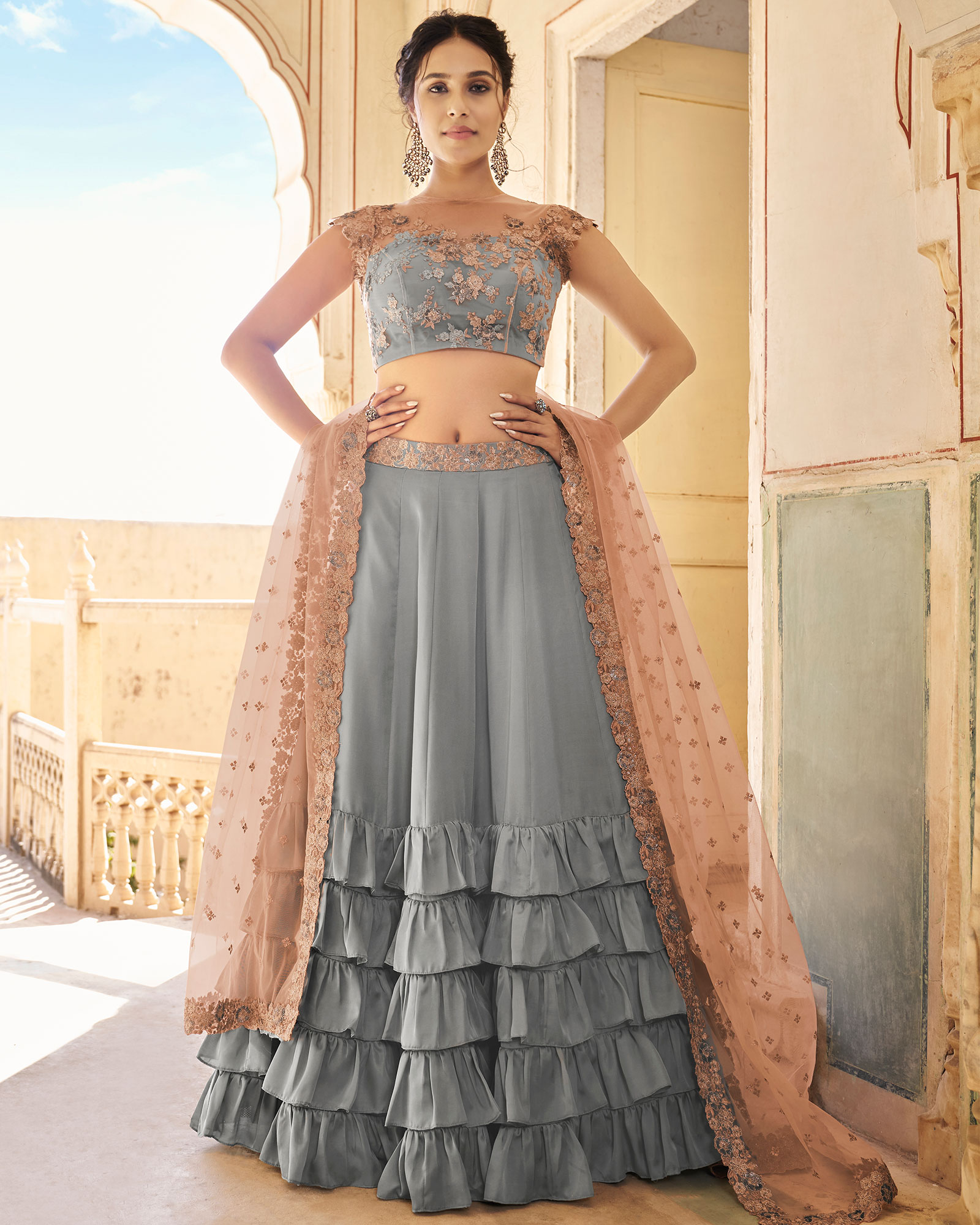  Graceful Grey Colored Wedding Wear Embroidered Satin Lehenga Choli