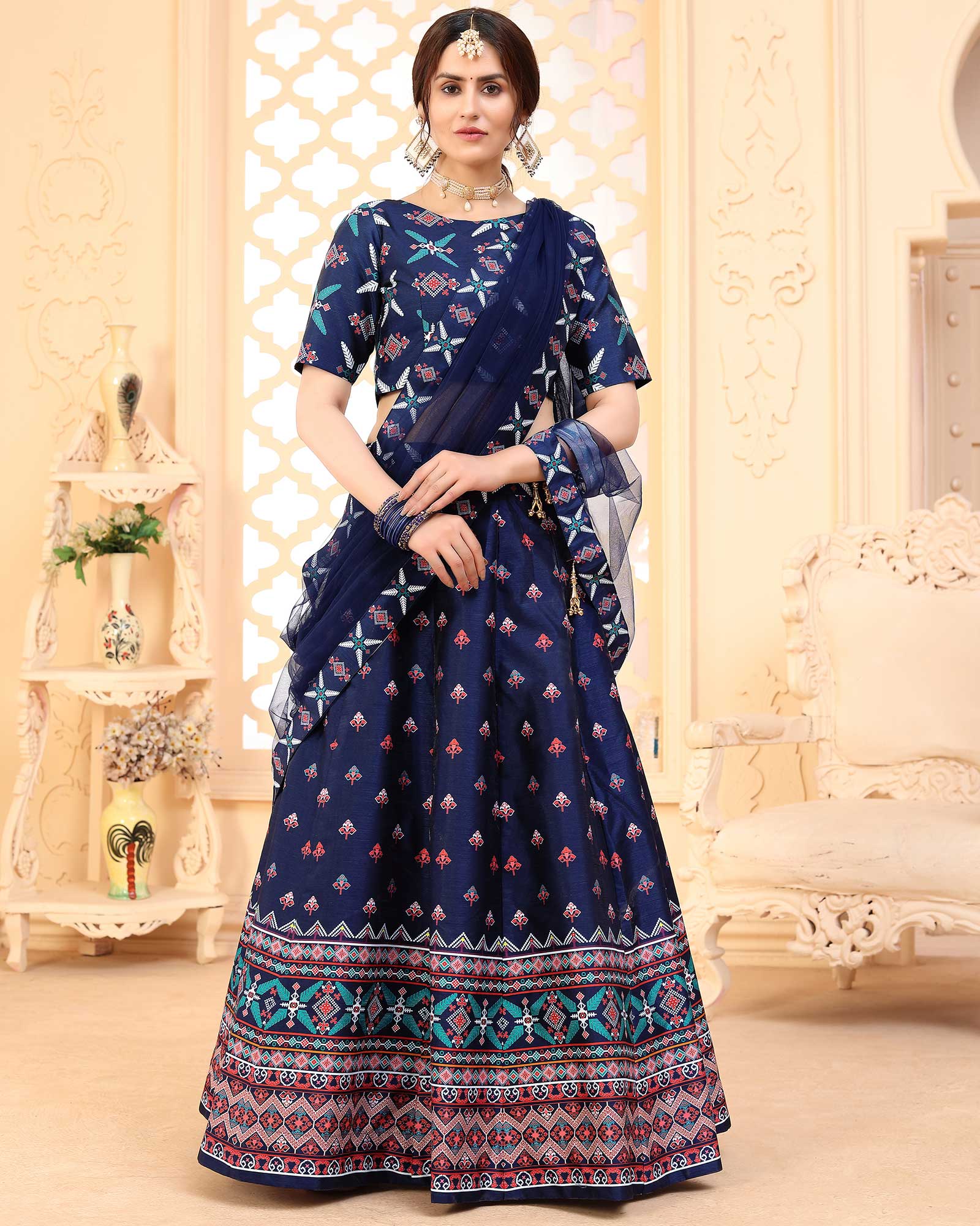 Navy Blue Digital Printed Art Silk Festive Wear Lehenga Choli