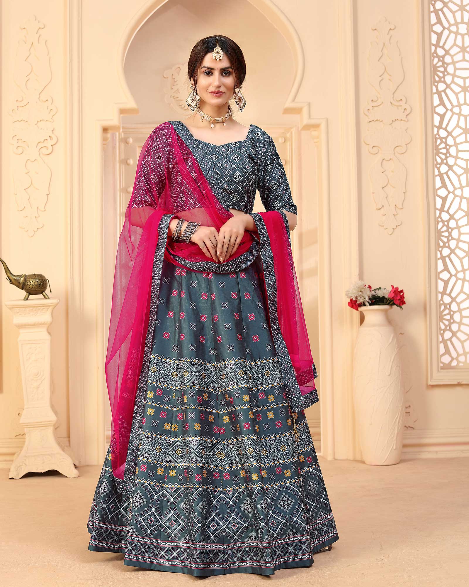 Grey Digital Printed Art Silk Festive Wear Lehenga Choli