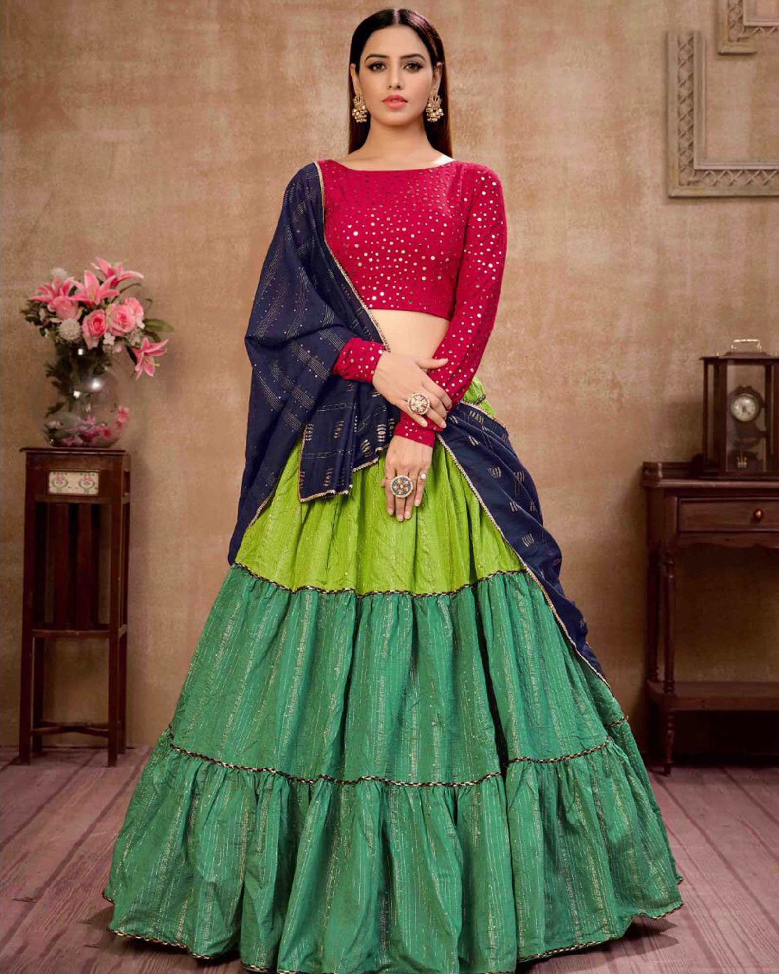 Green Shaded Cotton Lehenga Choli