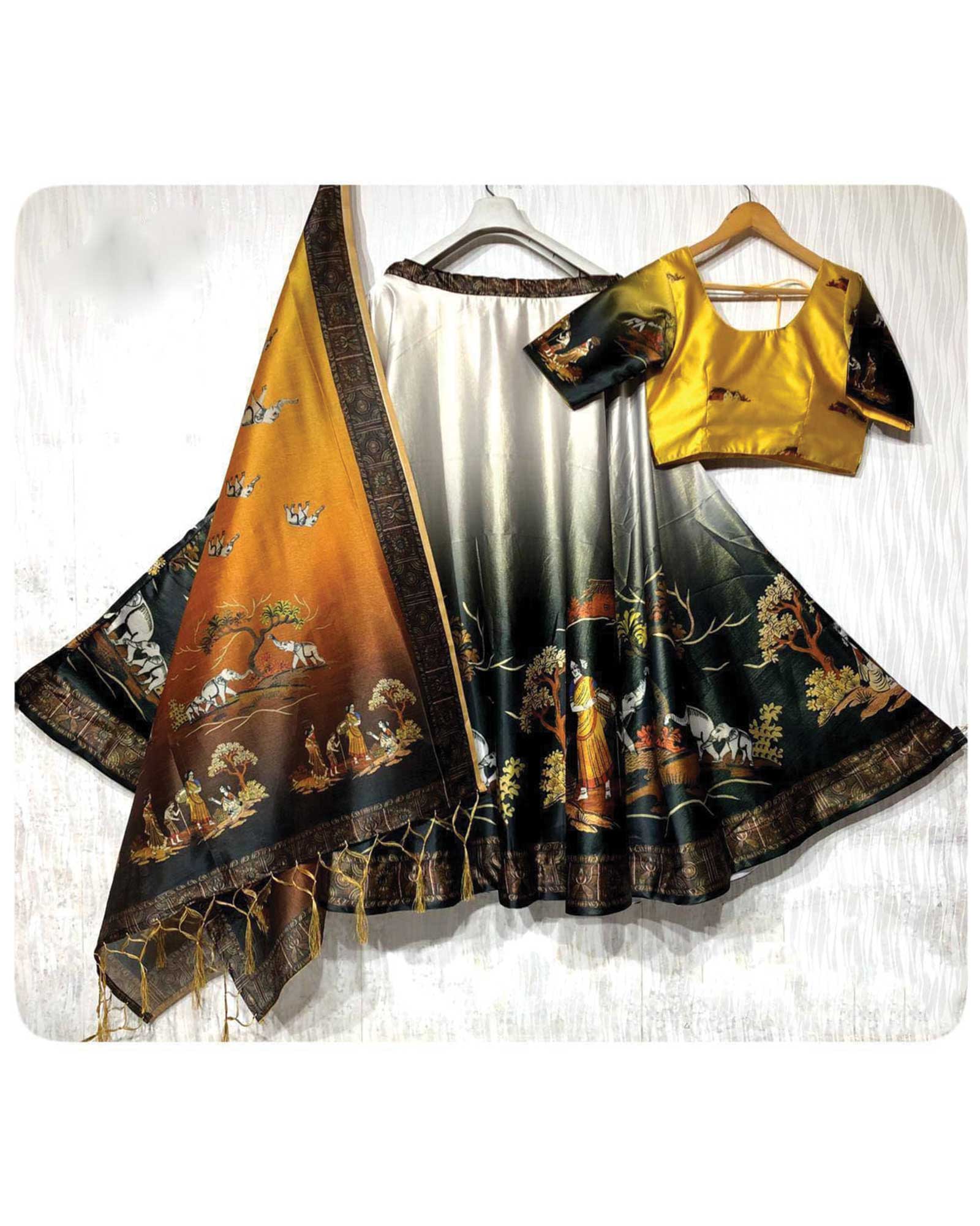 Black and Yellow Shaded Foil Print Work Lehenga Choli