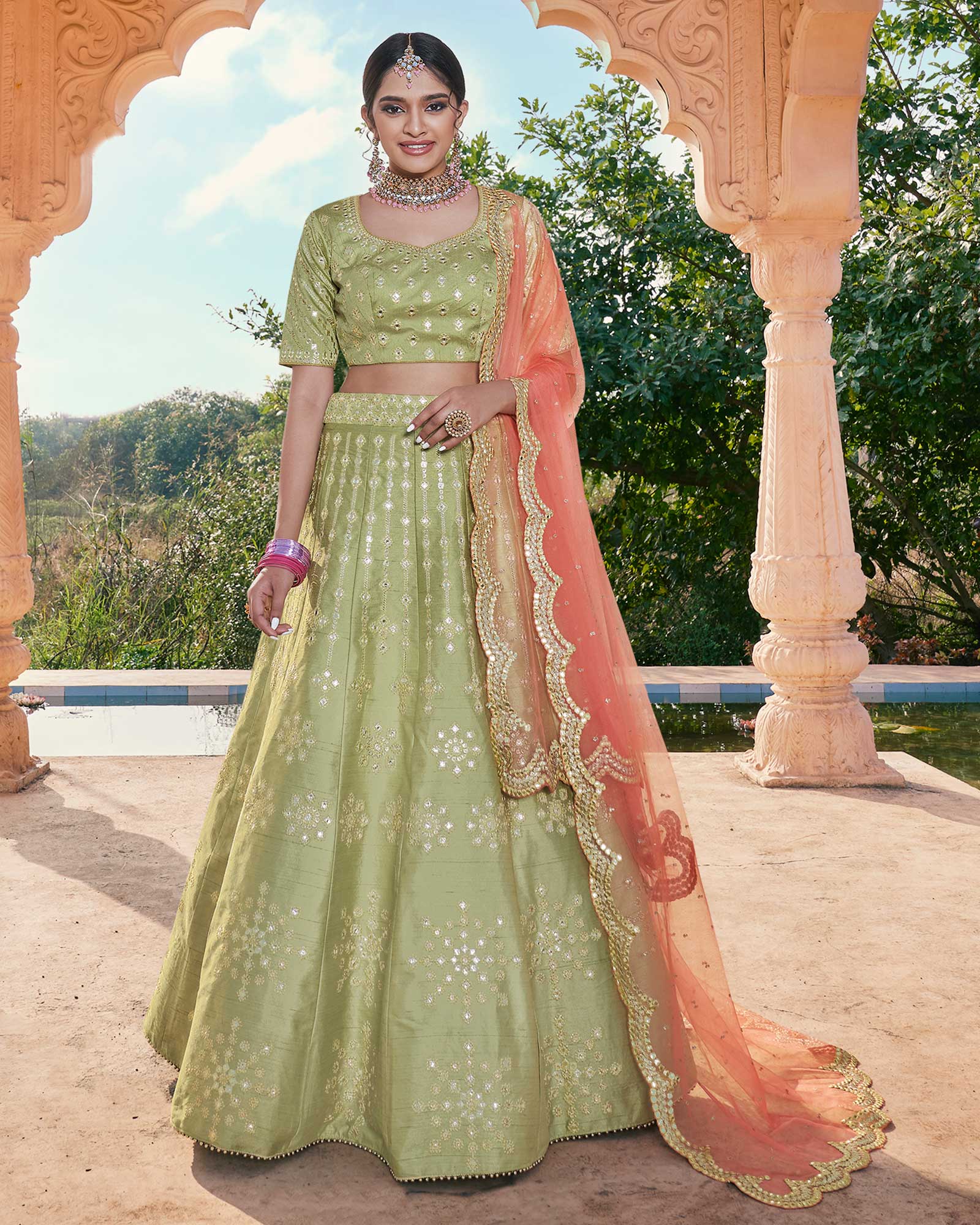 Handloom Silk Mirror A Line Lehenga Choli In Green