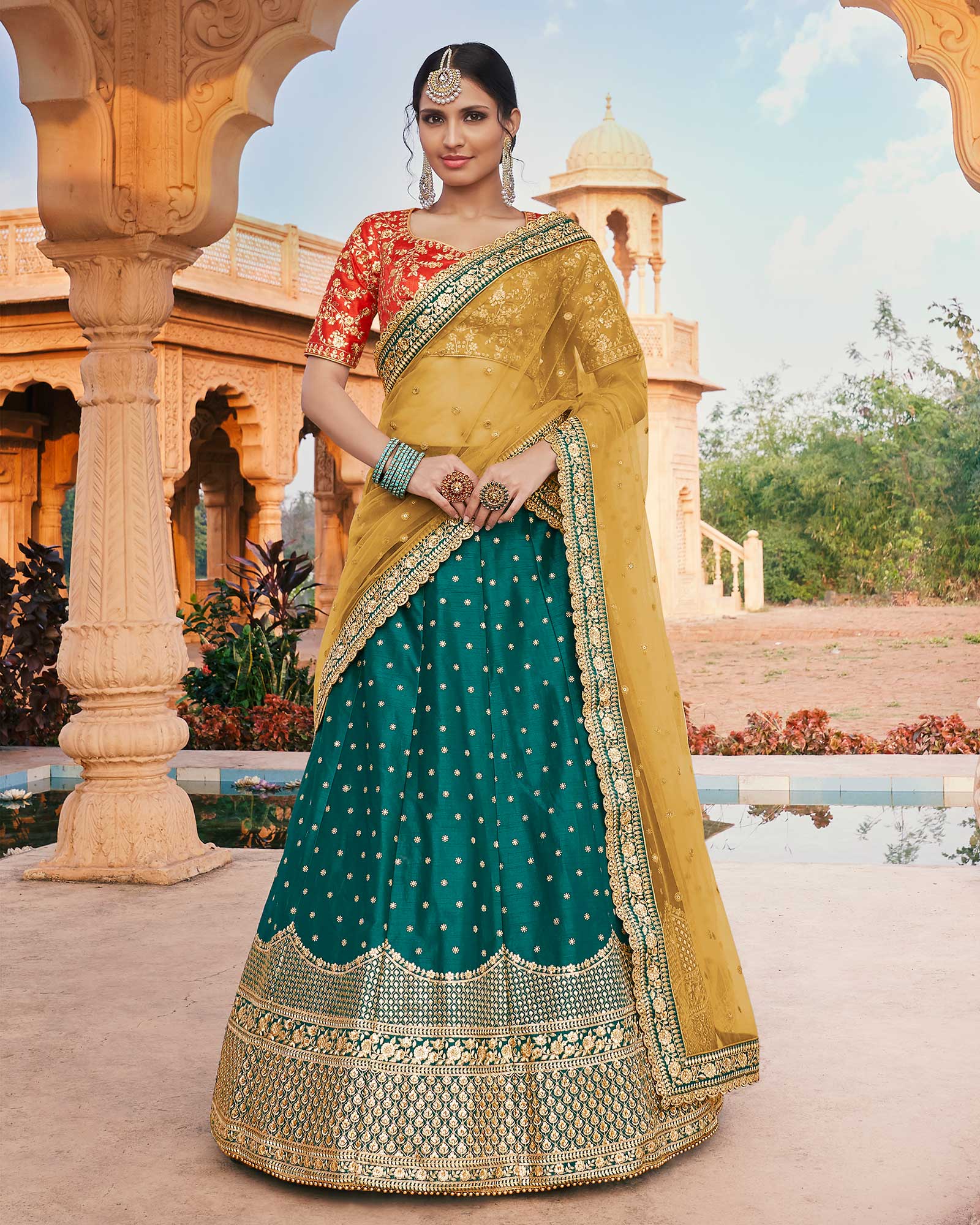 Handloom Silk Green Embroidered Lehenga Choli