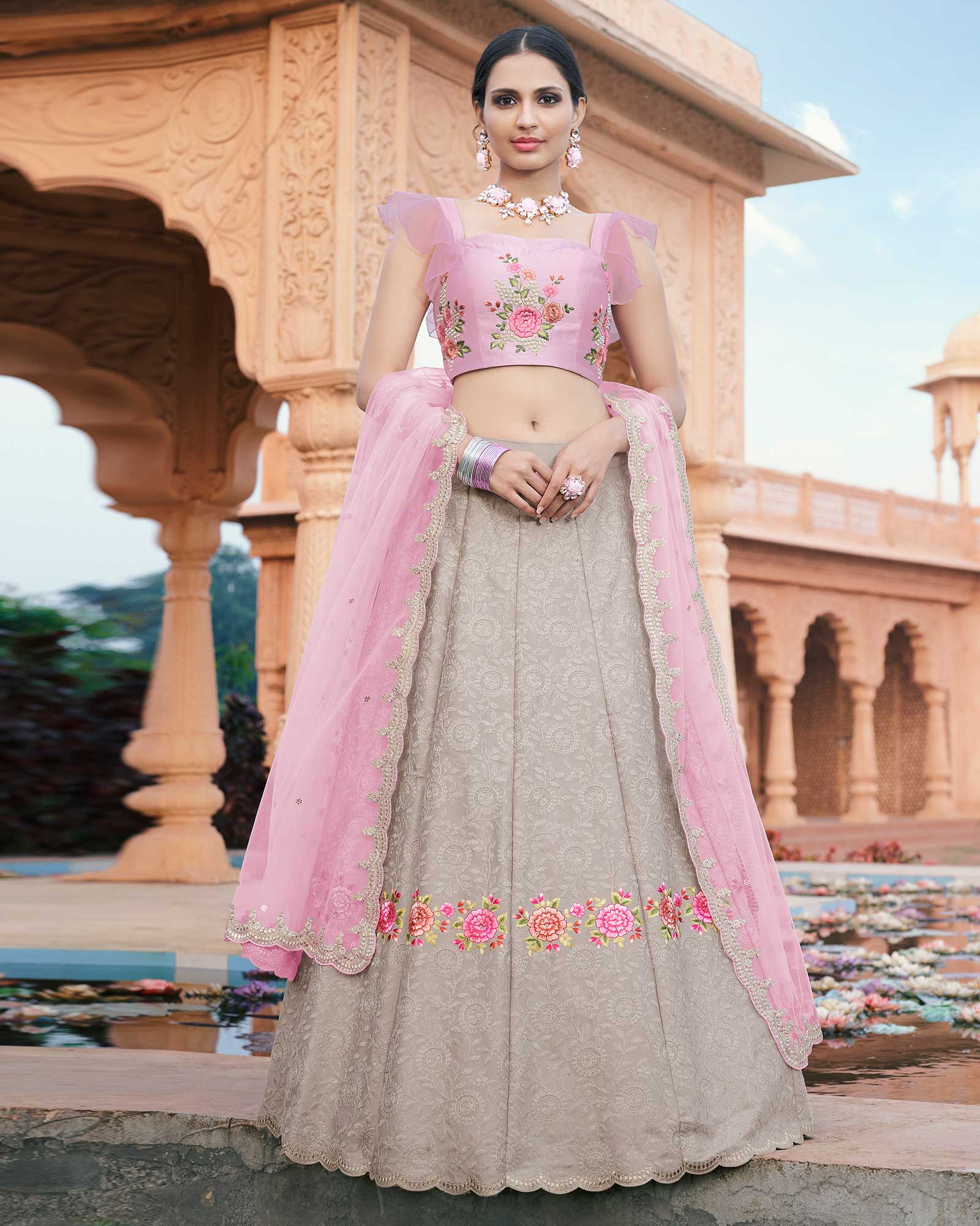 Grey Satin A Line Lehenga Choli