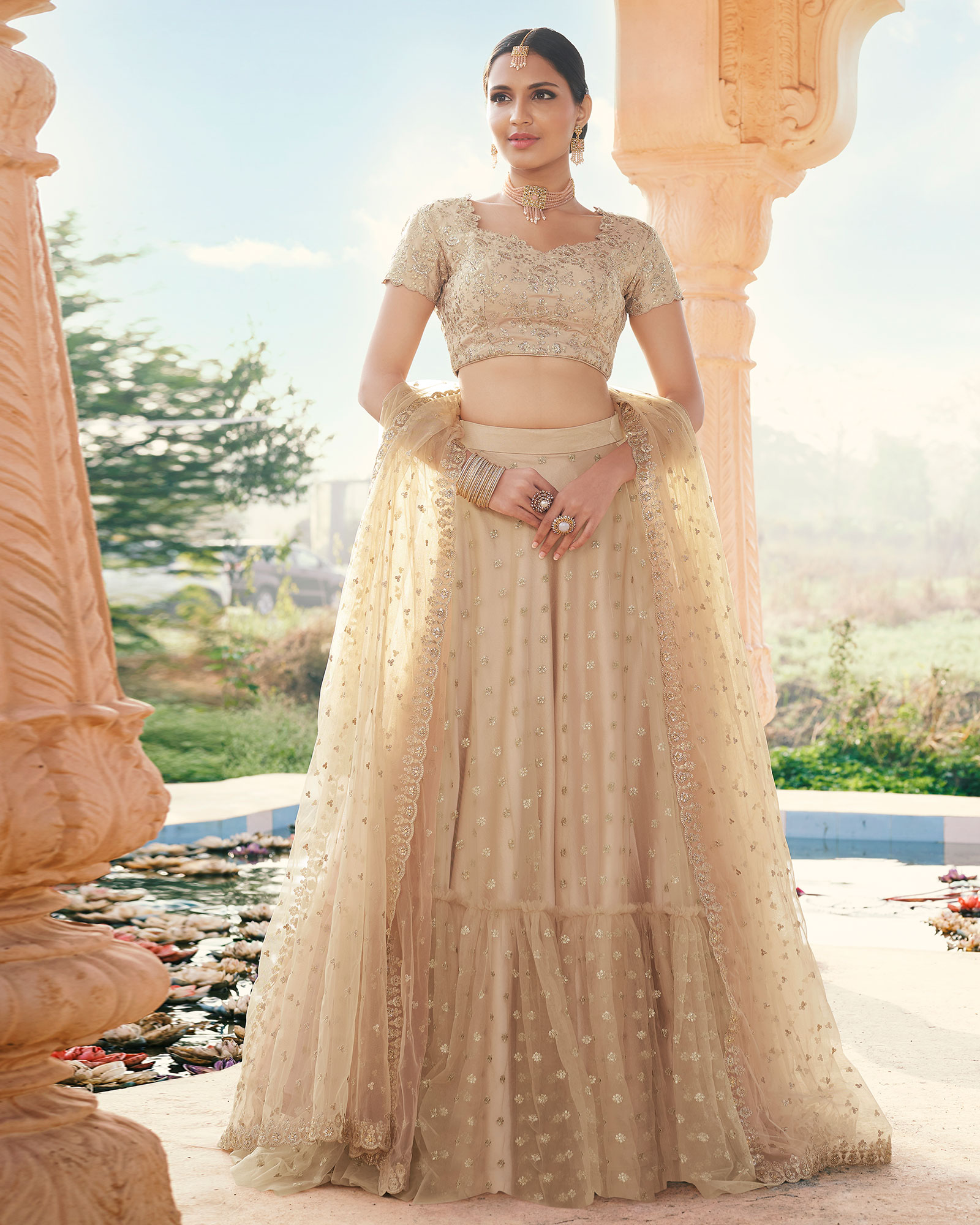 Beige Embroidered Net Bollywood Lehenga Choli