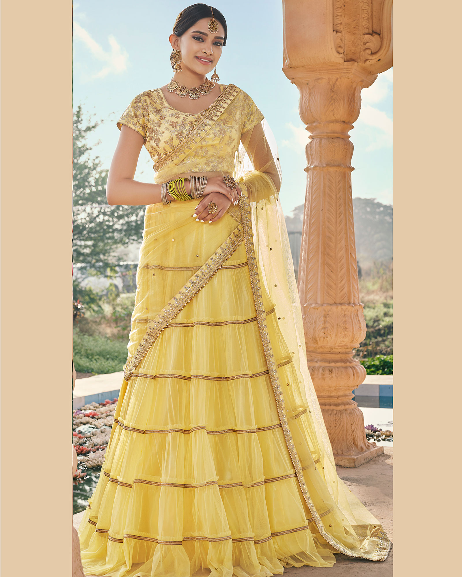 Net Embroidered Yellow Trendy Lehenga Choli