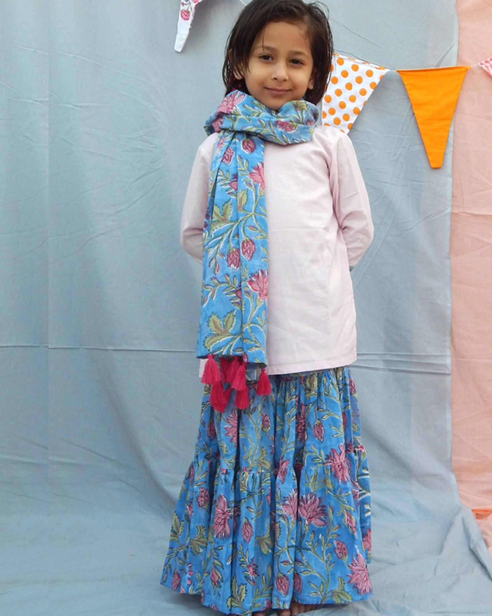 Pink Kurta with Floral Sharara and Dupatta