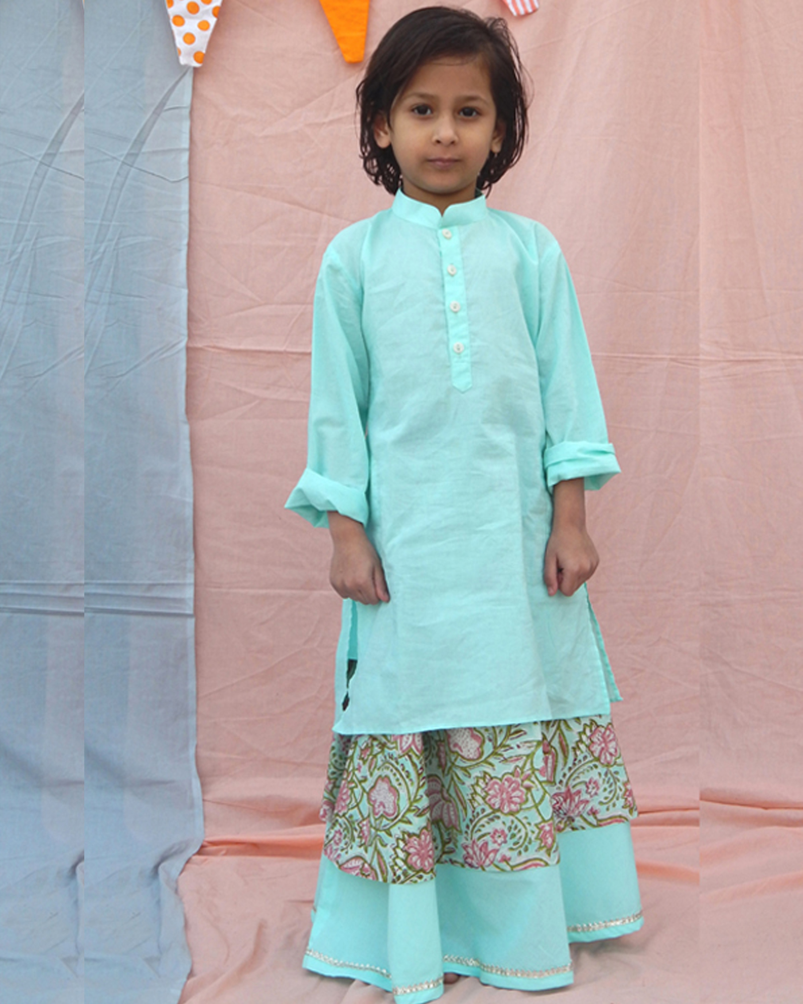 Blue Long Kurta with Hand Printed Lehenga