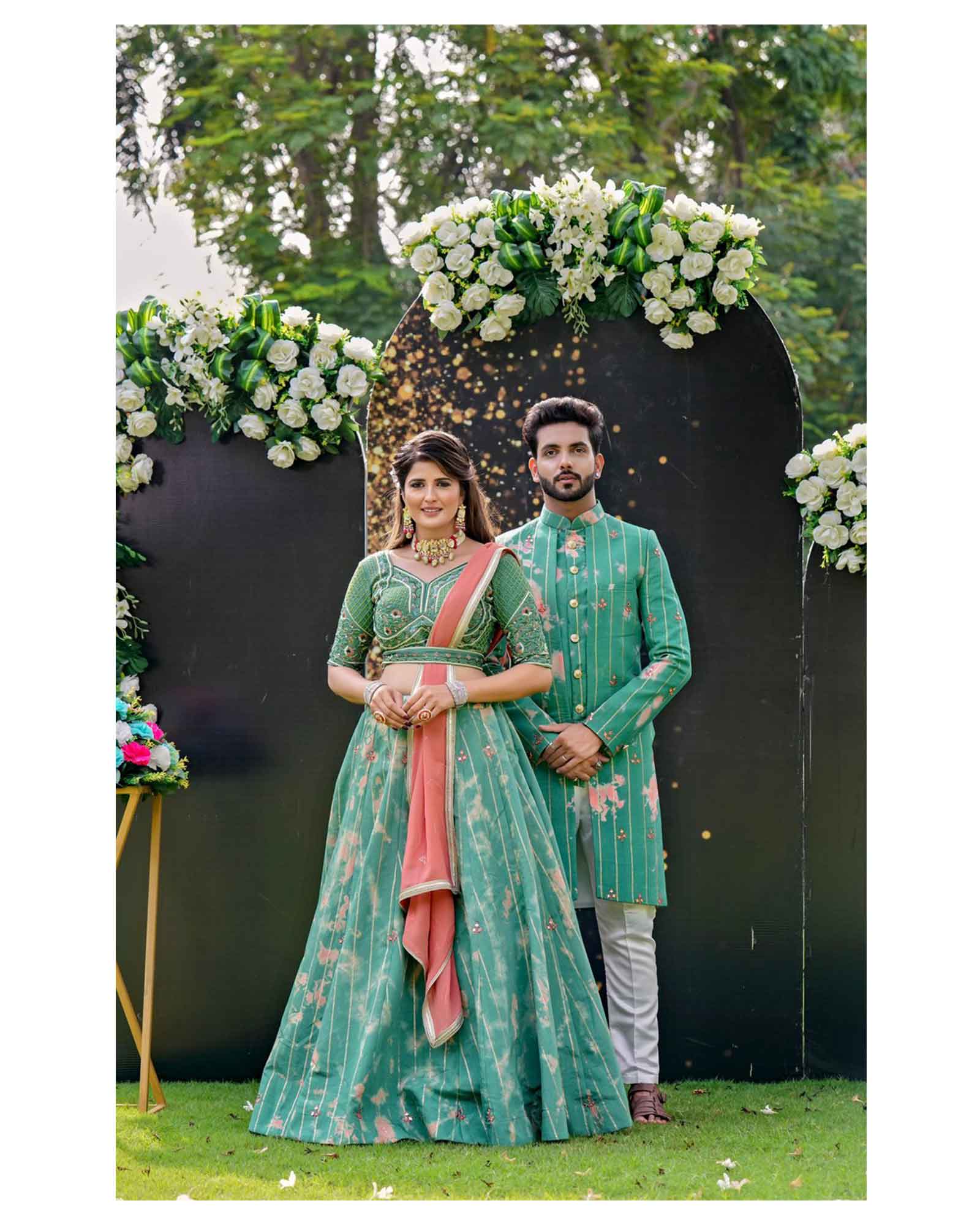 green emerald velvet dress Dusty Mint Green Multicolor Embroidered Net Lehenga main image 1