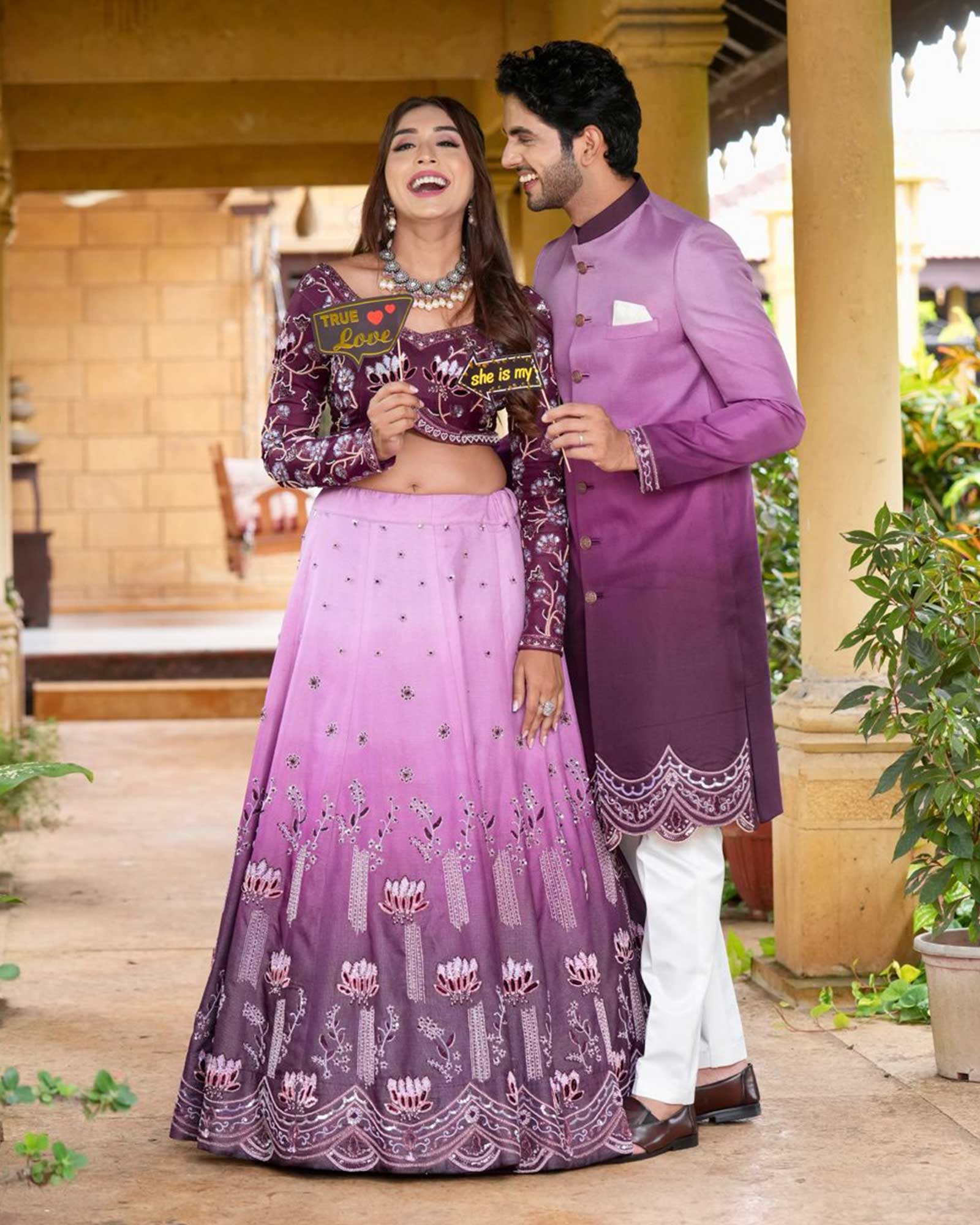 fitted lace wedding dress Purple Soft Georgette Embroidered Wedding Wear Couple Wear Set – Shopgarb  Store main image 1